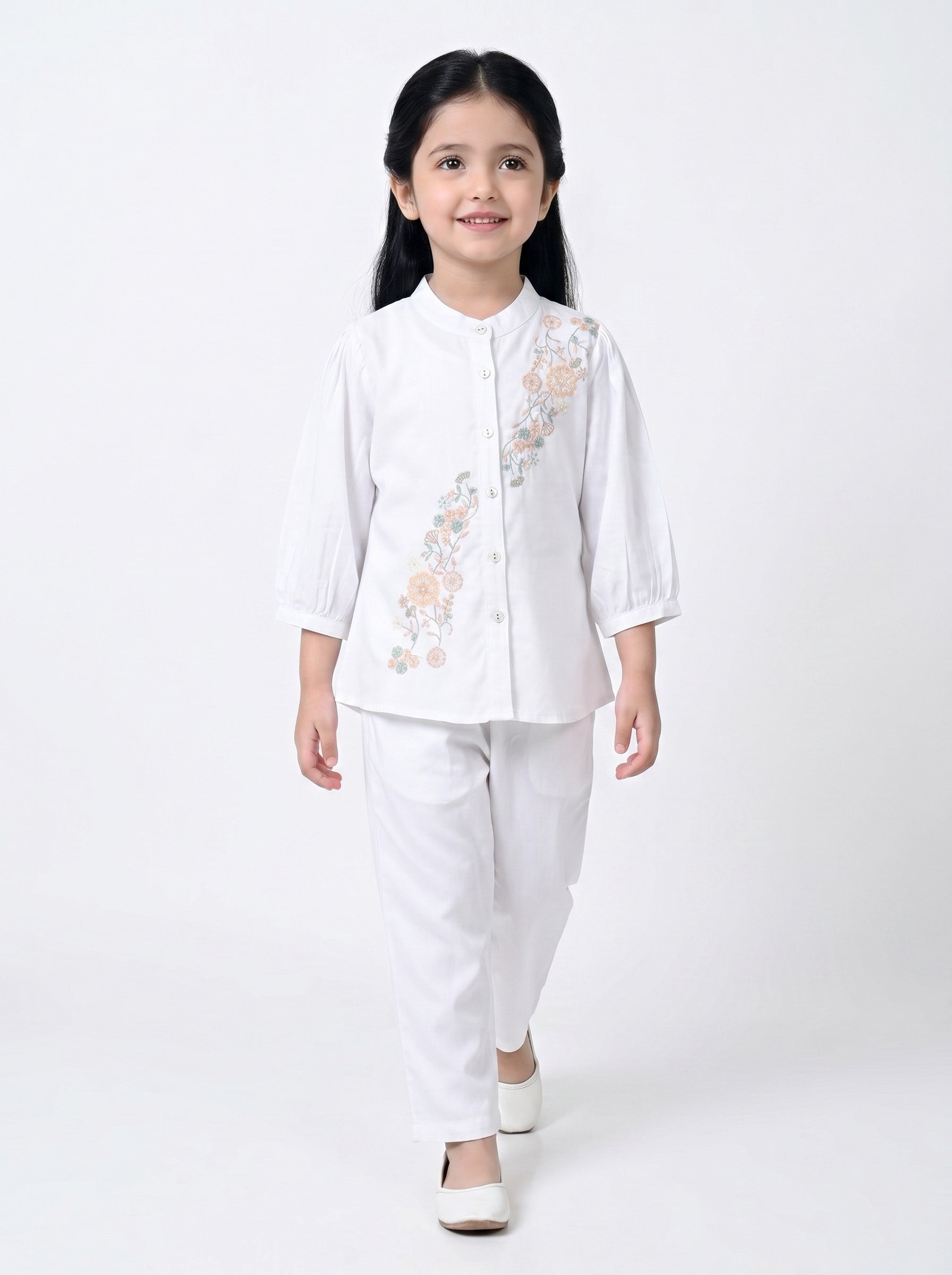 Bella Moda Girls Floral Embroidered Top with Straight Pants Co-Ord Set- JUETH789X