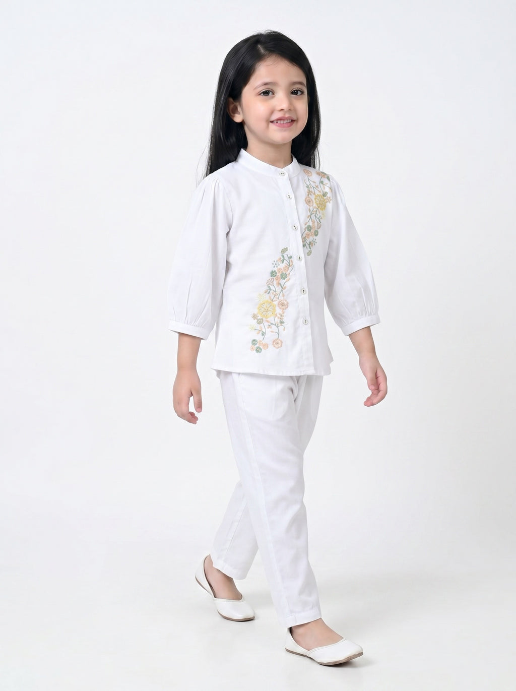Bella Moda Girls Floral Embroidered Top with Straight Pants Co-Ord Set- JUETH789X