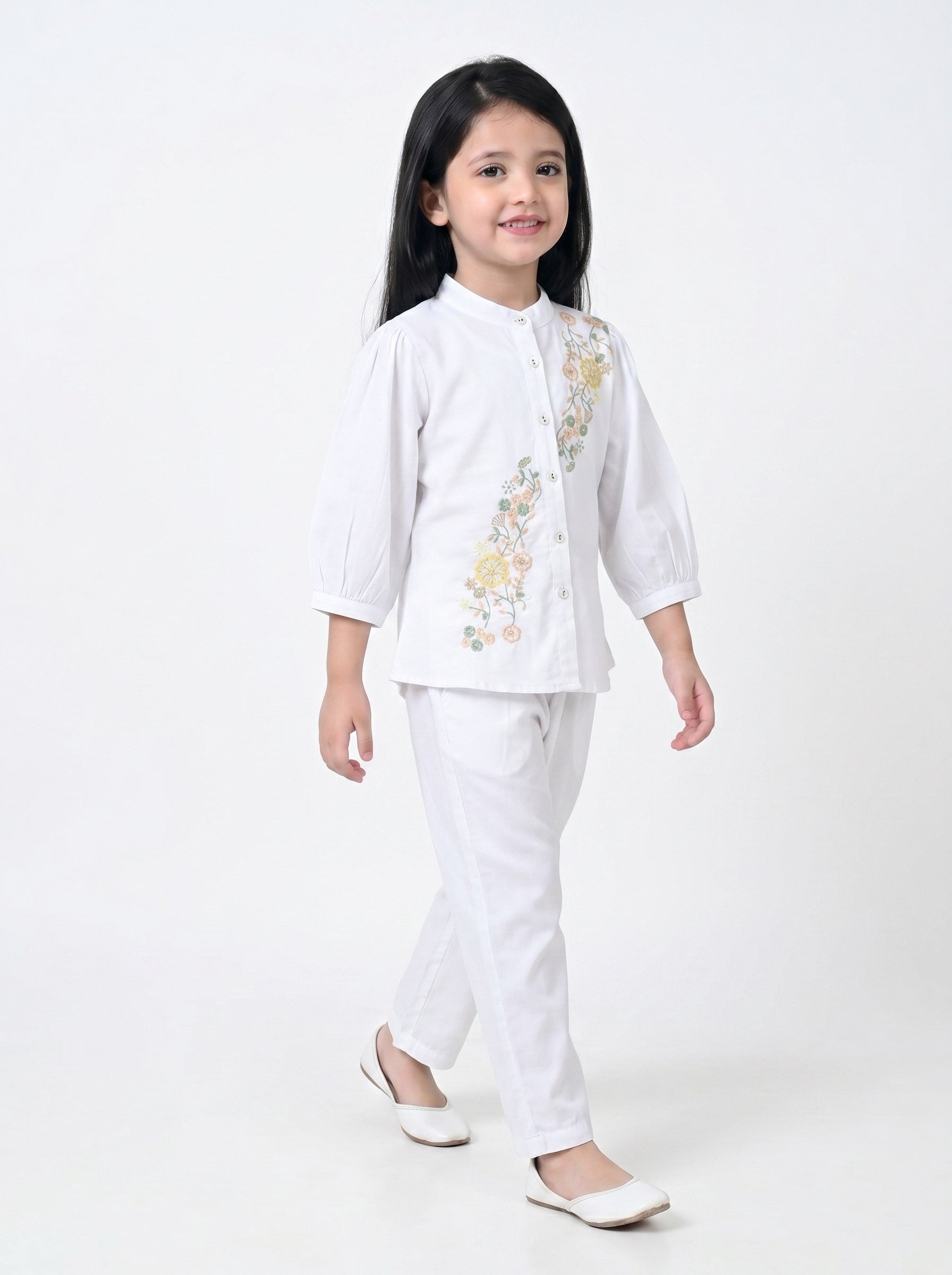 Bella Moda Girls Floral Embroidered Top with Straight Pants Co-Ord Set- JUETH789X