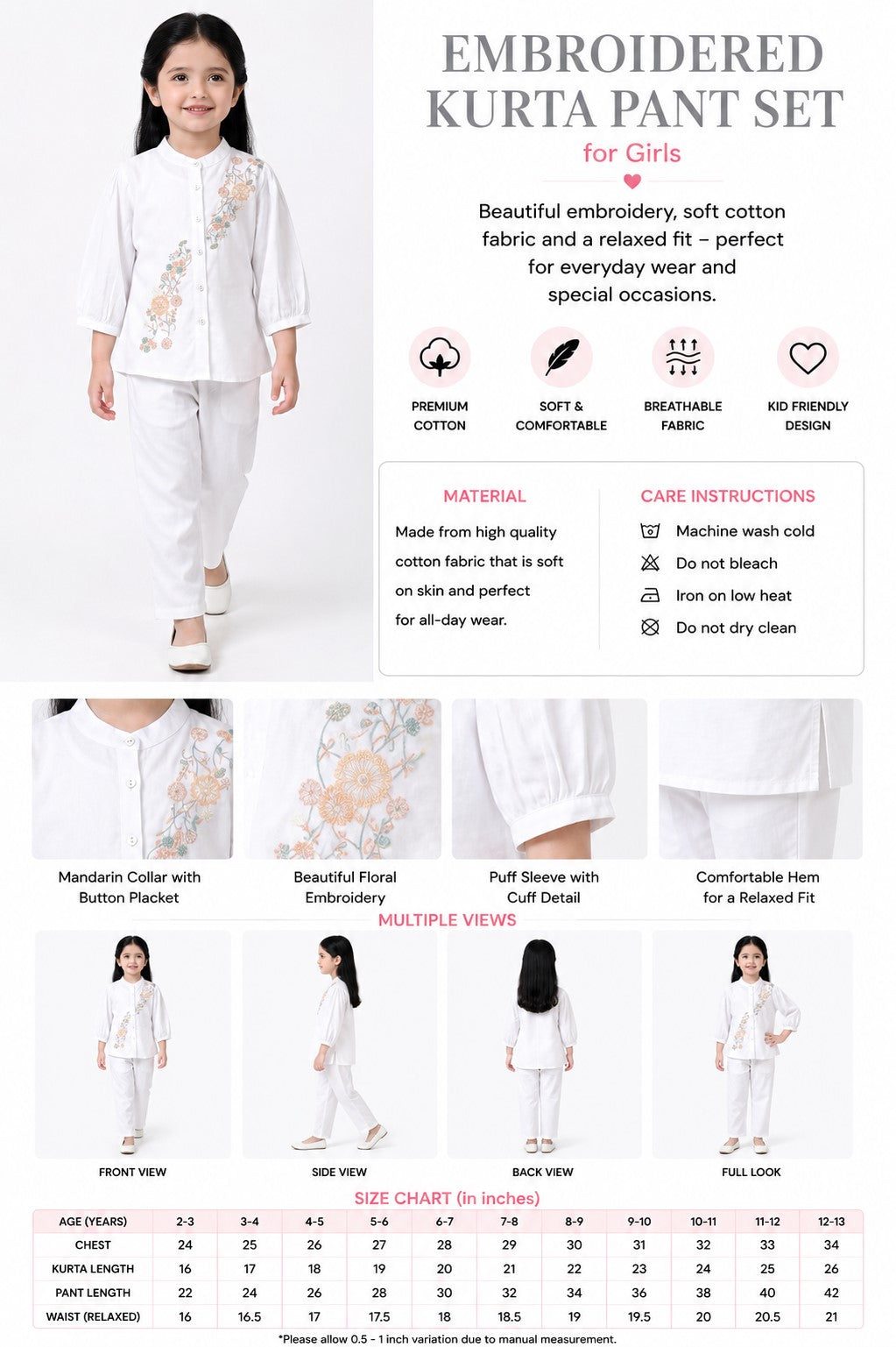 Bella Moda Girls Floral Embroidered Top with Straight Pants Co-Ord Set- JUETH789X