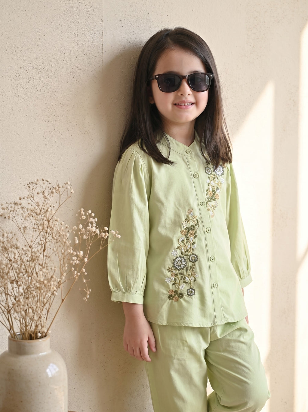 Bella Moda Girls Floral Embroidered Top with Straight Pants Co-Ord Set- JUETH790X