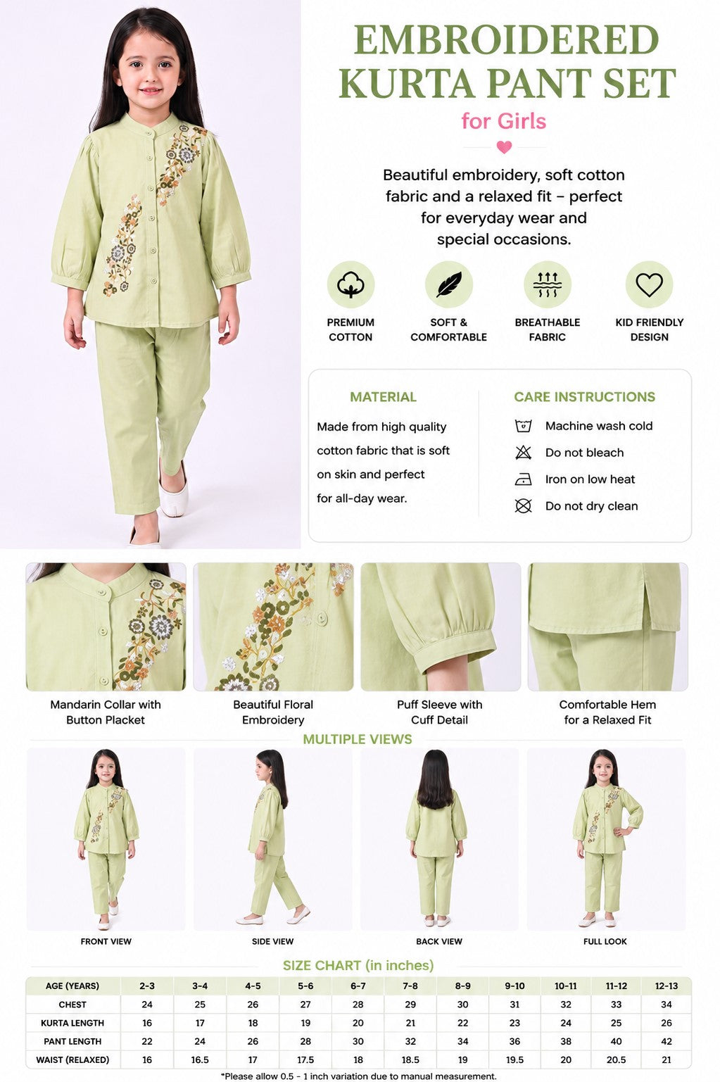 Bella Moda Girls Floral Embroidered Top with Straight Pants Co-Ord Set- JUETH790X