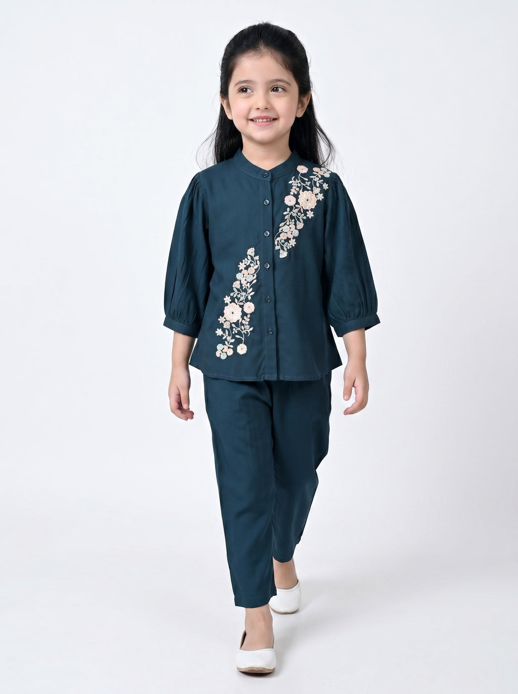 Bella Moda Girls Floral Embroidered Top with Straight Pants Co-Ord Set- JUETH791X