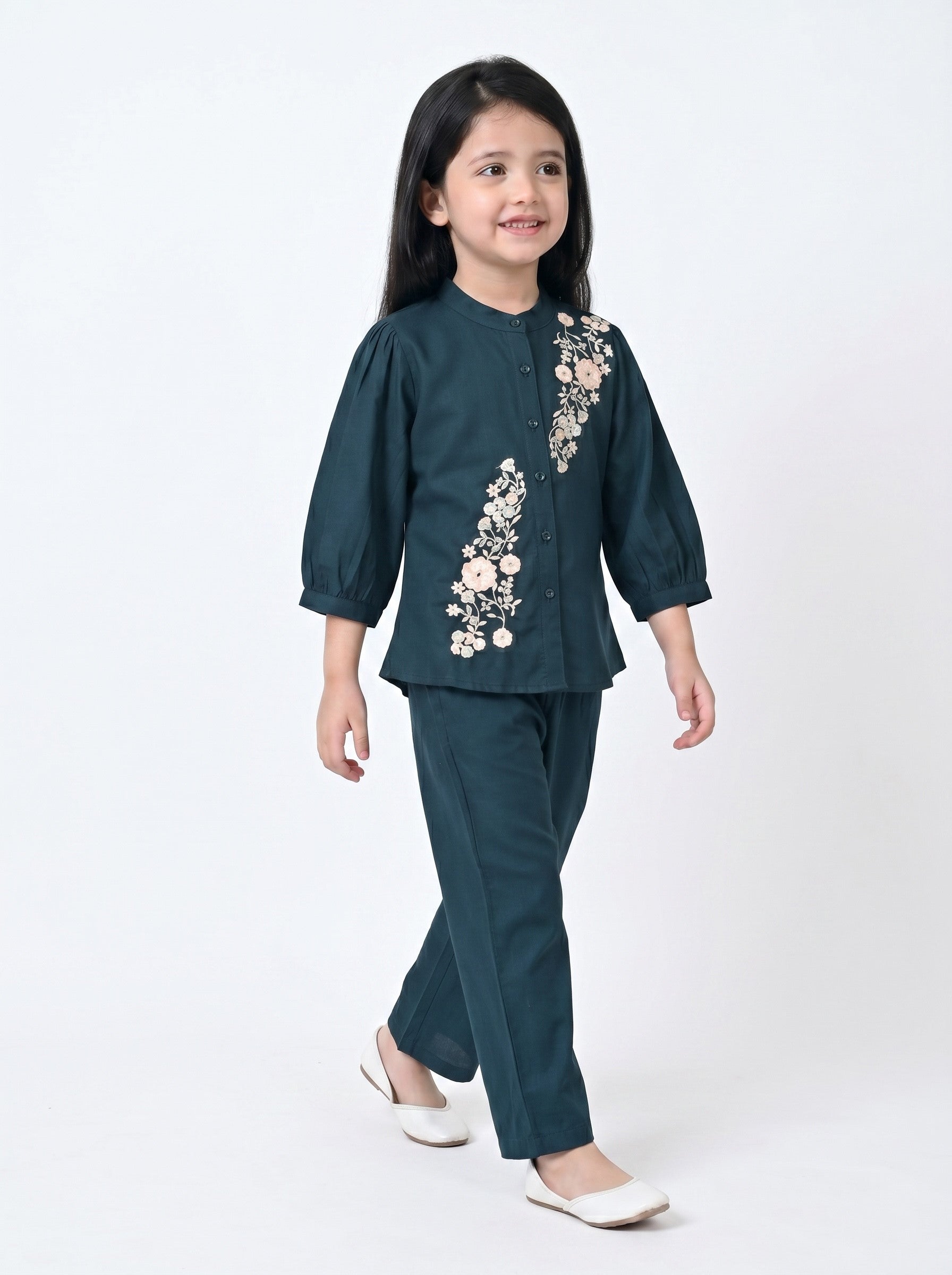 Bella Moda Girls Floral Embroidered Top with Straight Pants Co-Ord Set- JUETH791X