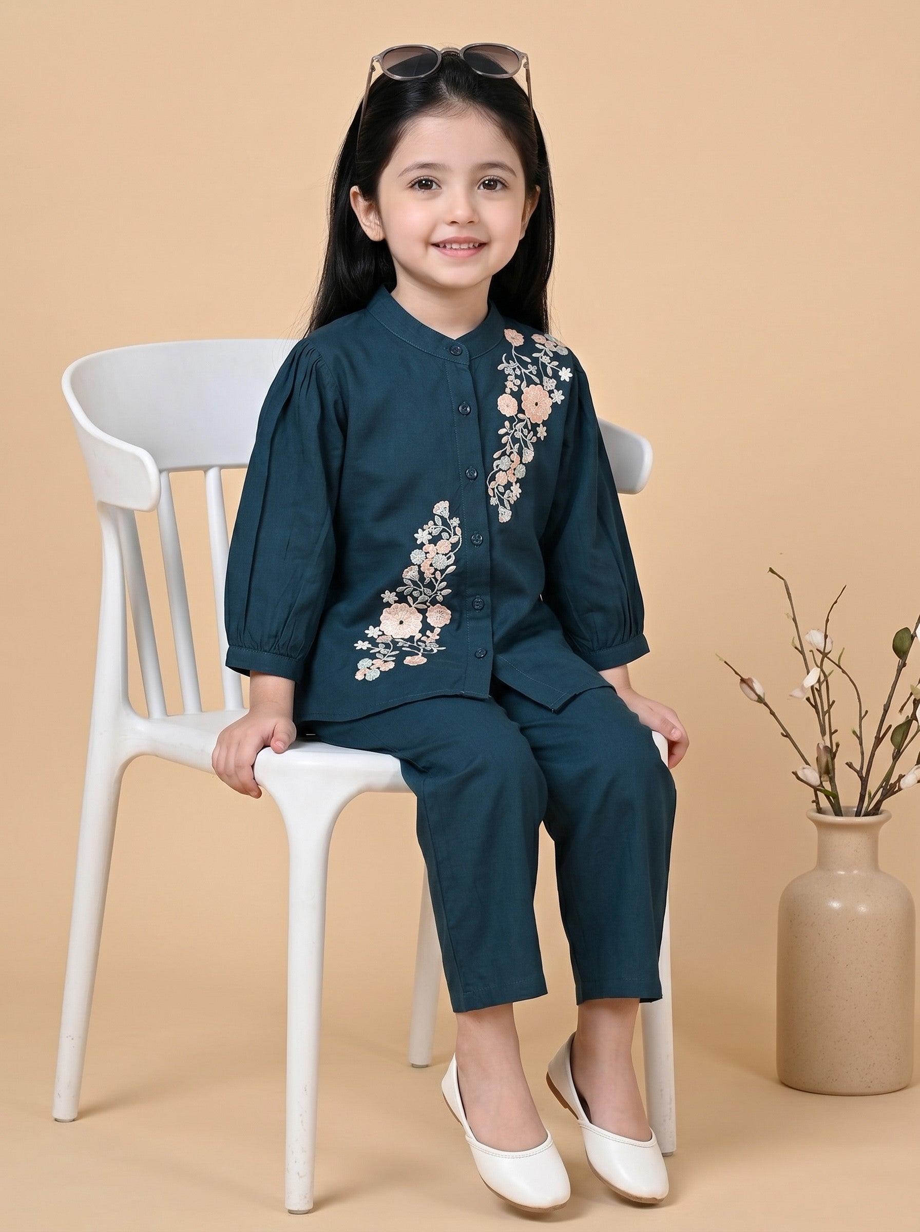 Bella Moda Girls Floral Embroidered Top with Straight Pants Co-Ord Set- JUETH791X