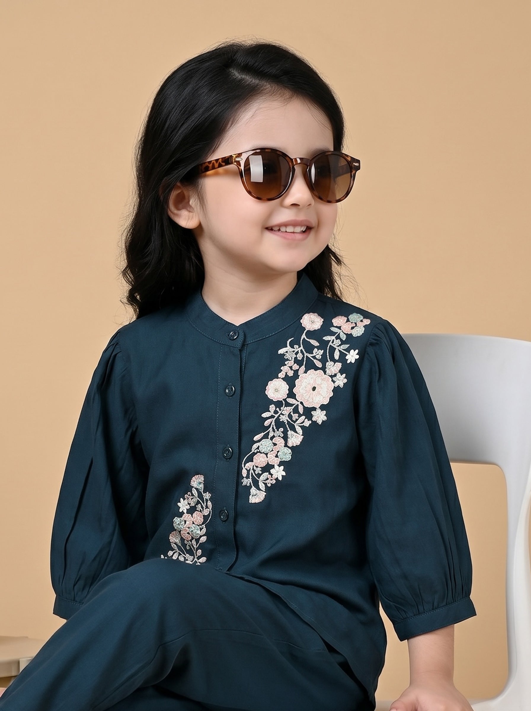 Bella Moda Girls Floral Embroidered Top with Straight Pants Co-Ord Set- JUETH791X