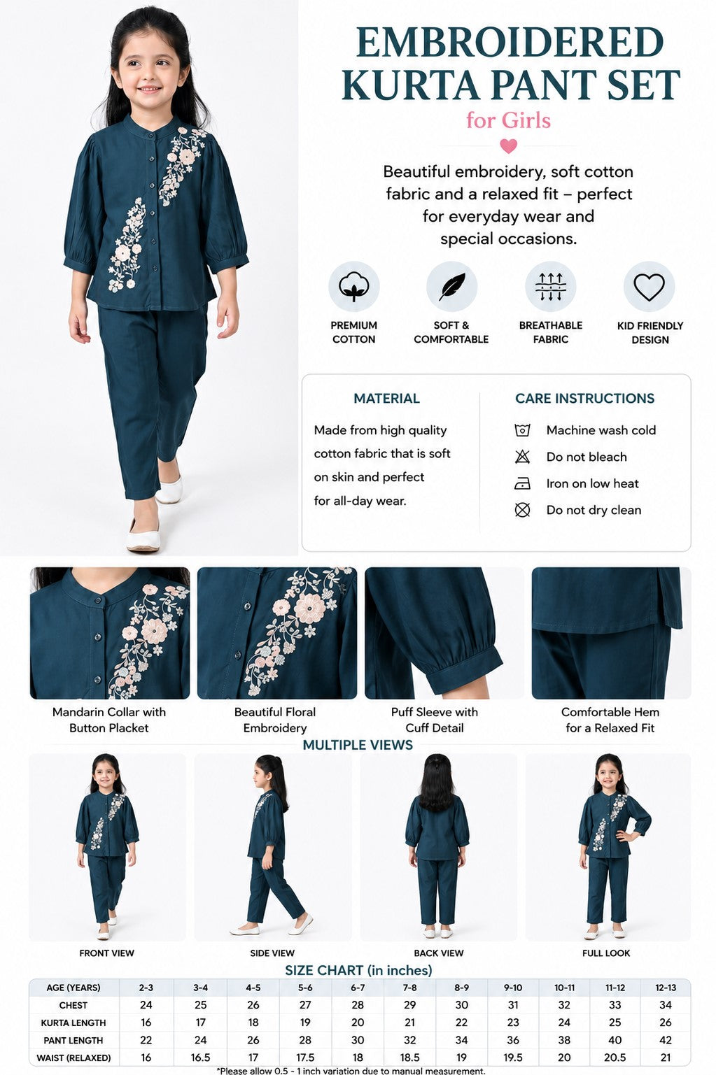 Bella Moda Girls Floral Embroidered Top with Straight Pants Co-Ord Set- JUETH791X