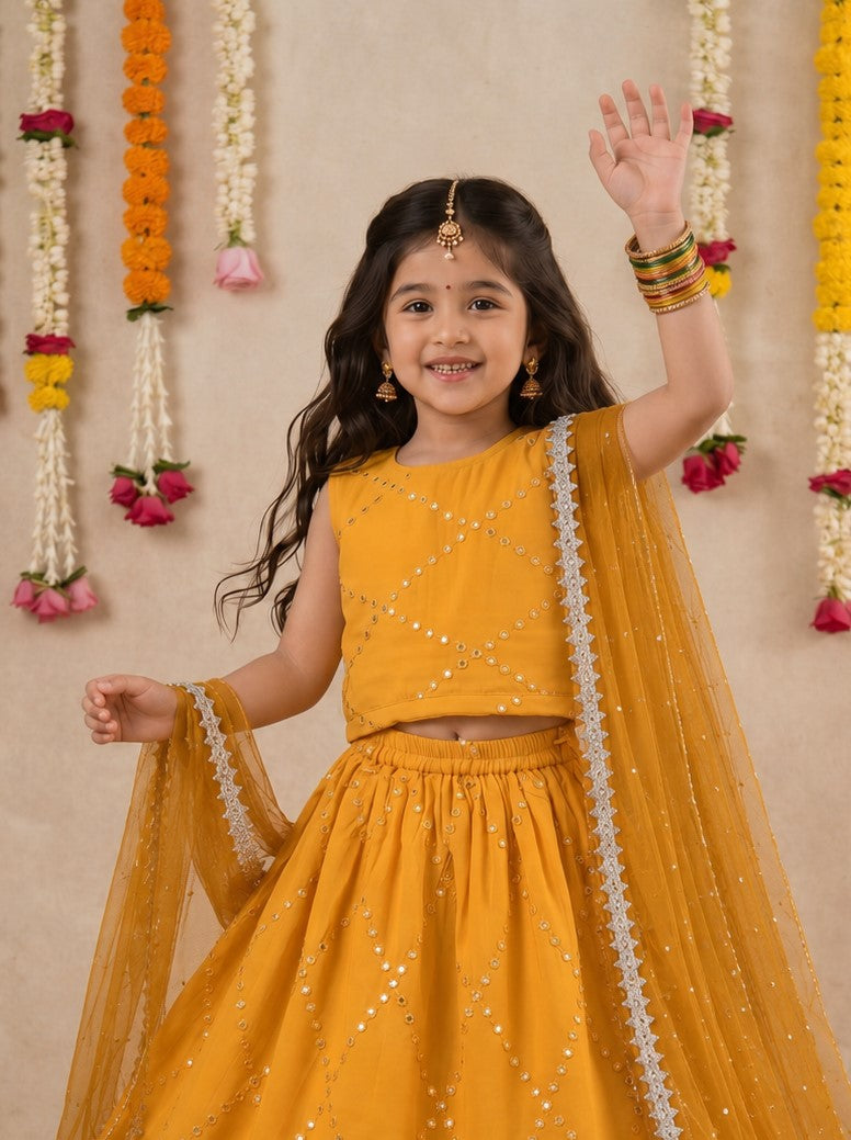 Bella Moda Girls Embellished Sleeveless Crop Top with Lehenga Skirt Ethnic Co-Ord Set- JUETH792AA