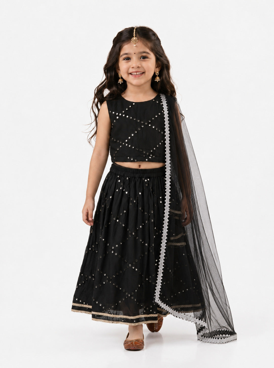 Bella Moda Girls Embellished Sleeveless Crop Top with Lehenga Skirt Ethnic Co-Ord Set- JUETH793AA