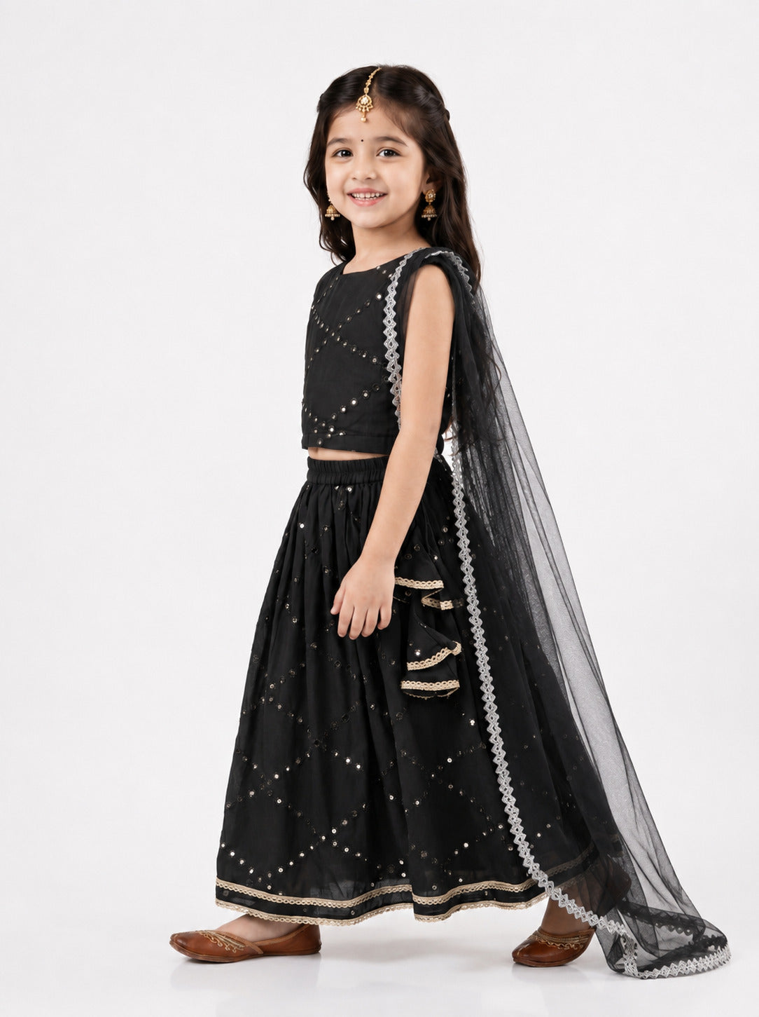 Bella Moda Girls Embellished Sleeveless Crop Top with Lehenga Skirt Ethnic Co-Ord Set- JUETH793AA