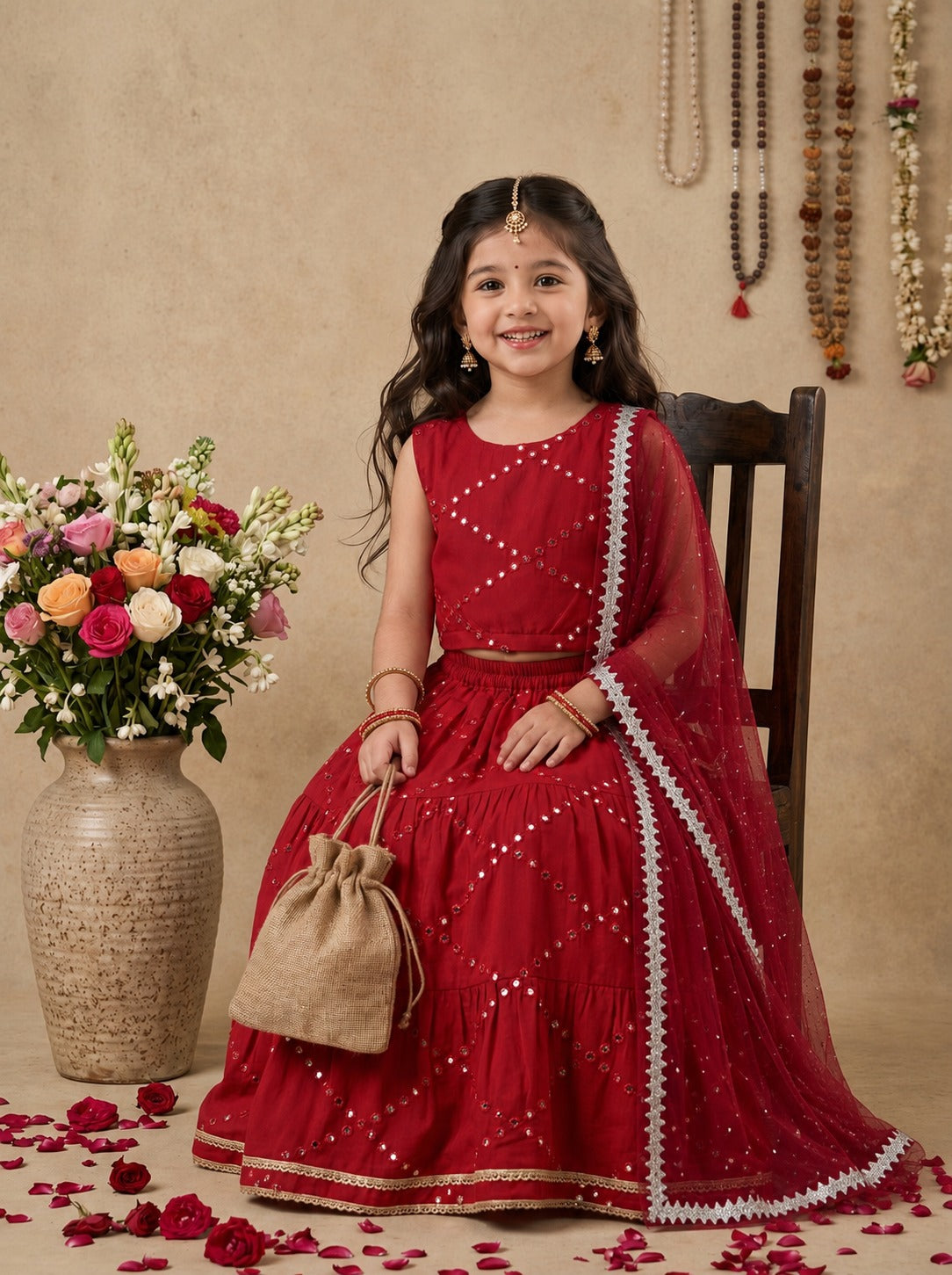 Bella Moda Girls Embellished Sleeveless Crop Top with Lehenga Skirt Ethnic Co-Ord Set- JUETH794AA
