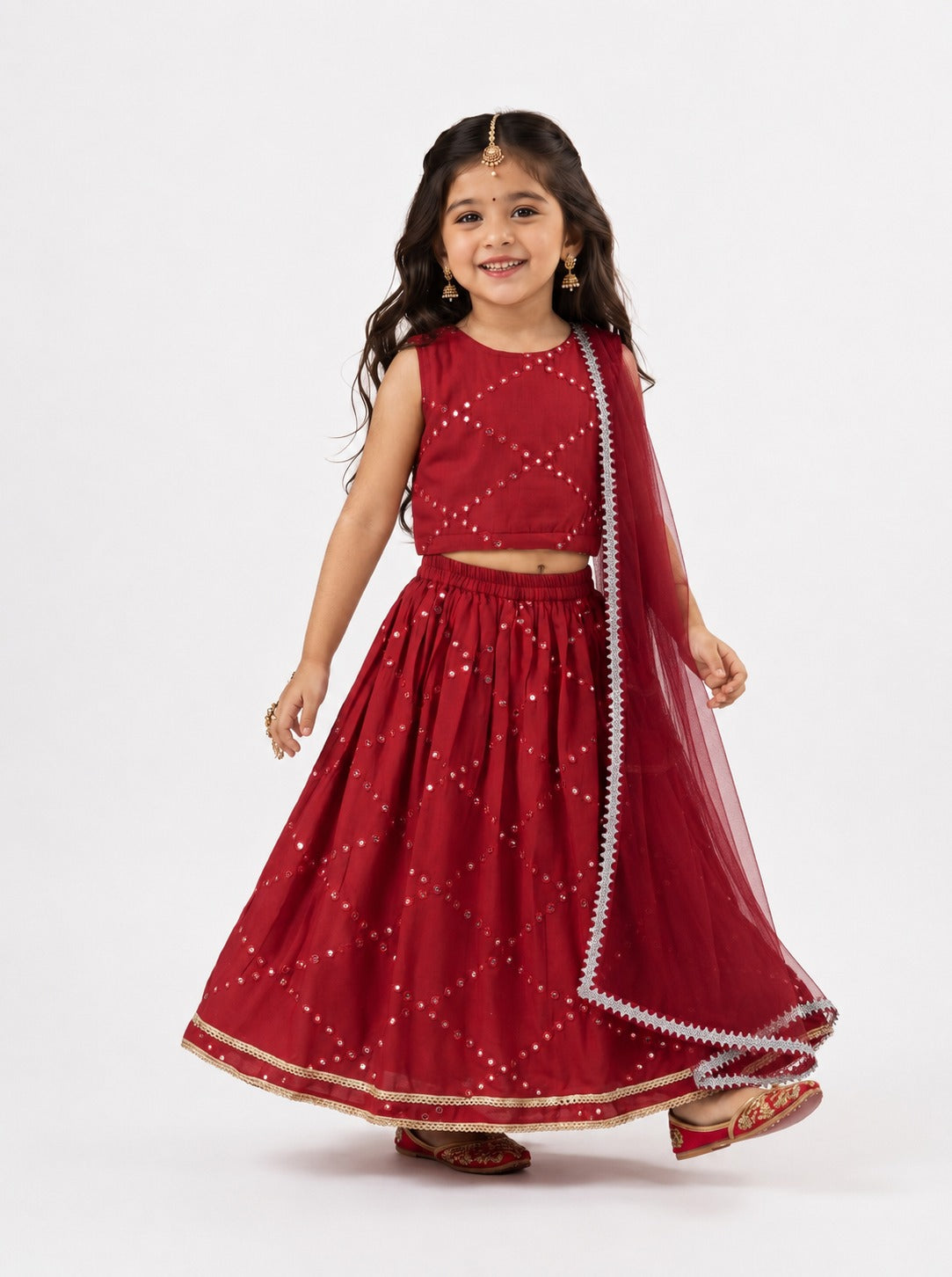 Bella Moda Girls Embellished Sleeveless Crop Top with Lehenga Skirt Ethnic Co-Ord Set- JUETH794AA