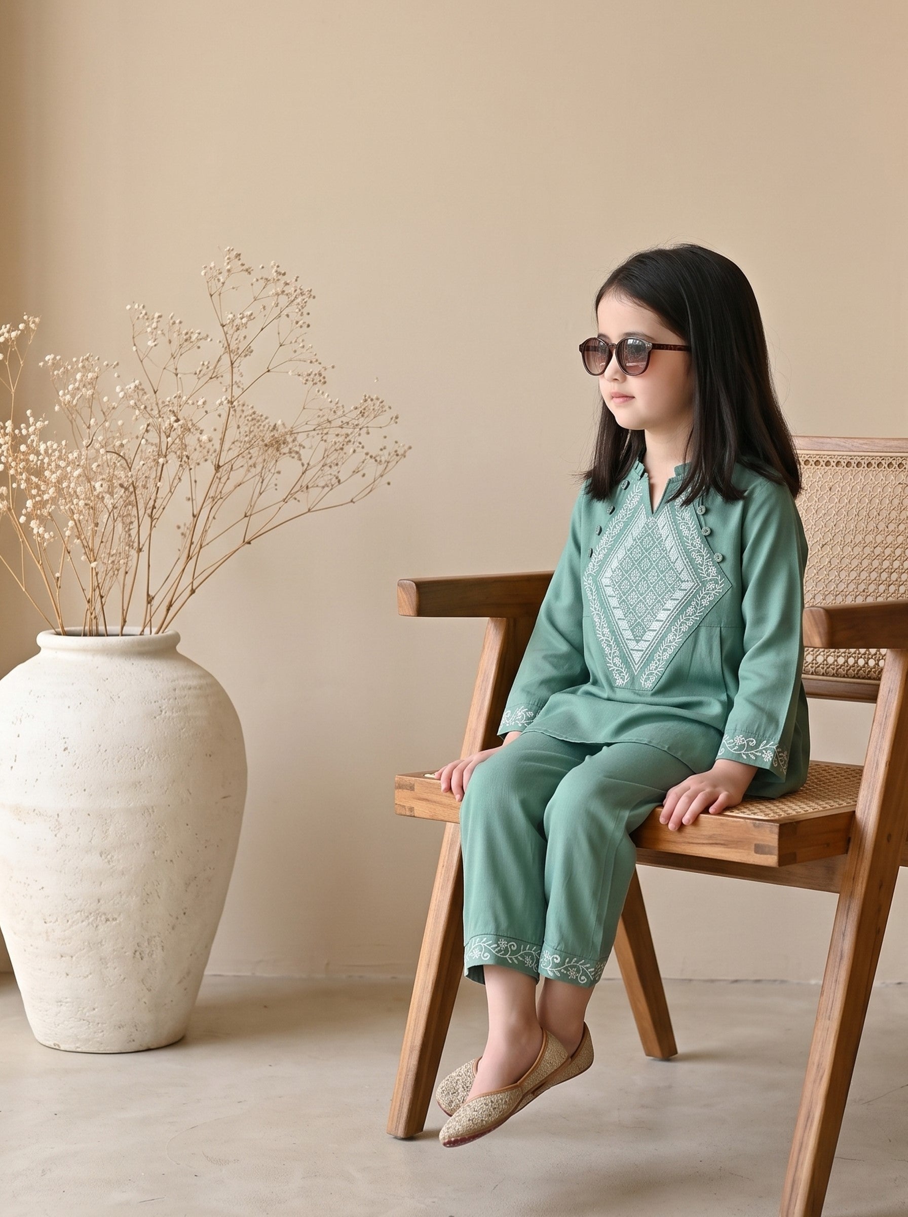 Bella Moda Girls Embroidered Kurta with Straight Pants Ethnic Co-Ord Set- JUETH795X