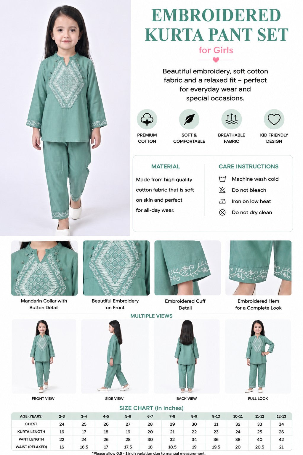Bella Moda Girls Embroidered Kurta with Straight Pants Ethnic Co-Ord Set- JUETH795X