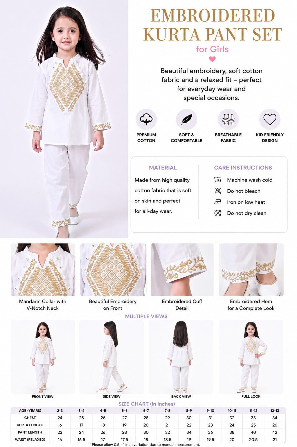Bella Moda Girls Embroidered Kurta with Straight Pants Ethnic Co-Ord Set- JUETH796X