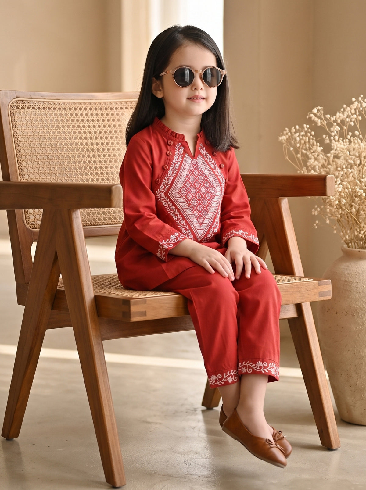 Bella Moda Girls Embroidered Kurta with Straight Pants Ethnic Co-Ord Set- JUETH797X