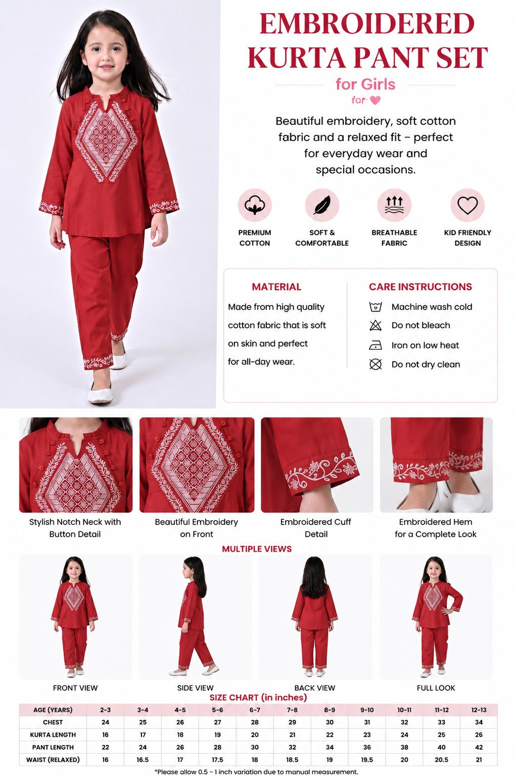 Bella Moda Girls Embroidered Kurta with Straight Pants Ethnic Co-Ord Set- JUETH797X