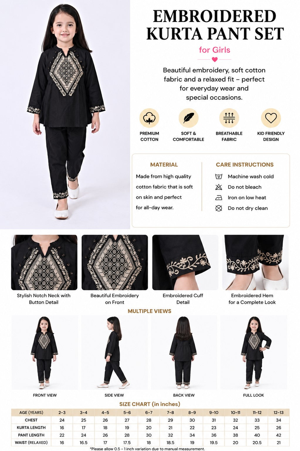 Bella Moda Girls Embroidered Kurta with Straight Pants Ethnic Co-Ord Set- JUETH798X