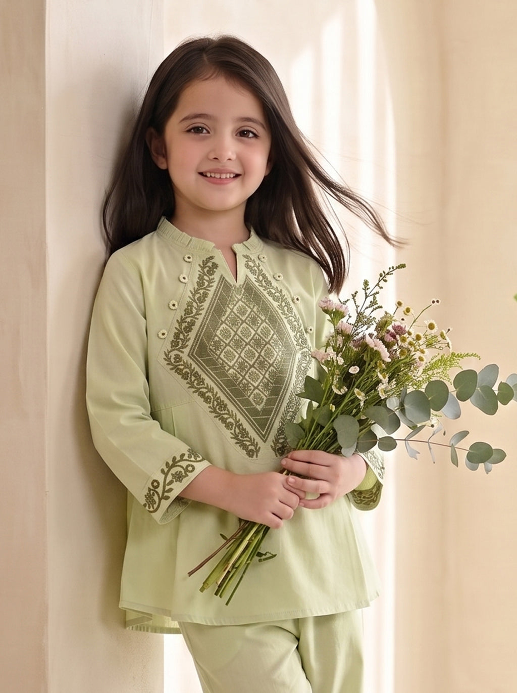 Bella Moda Girls Embroidered Kurta with Straight Pants Ethnic Co-Ord Set- JUETH799X