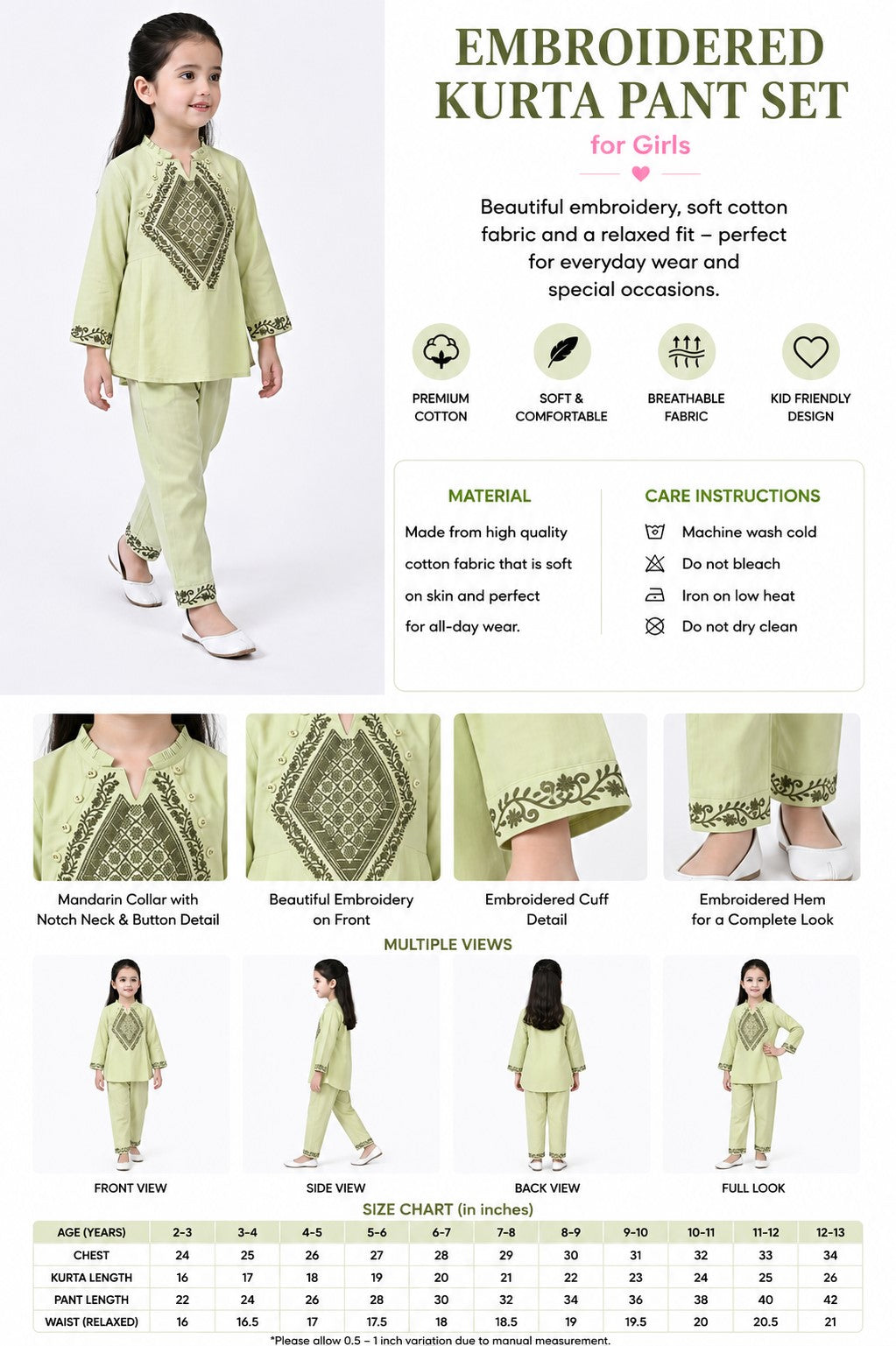 Bella Moda Girls Embroidered Kurta with Straight Pants Ethnic Co-Ord Set- JUETH799X