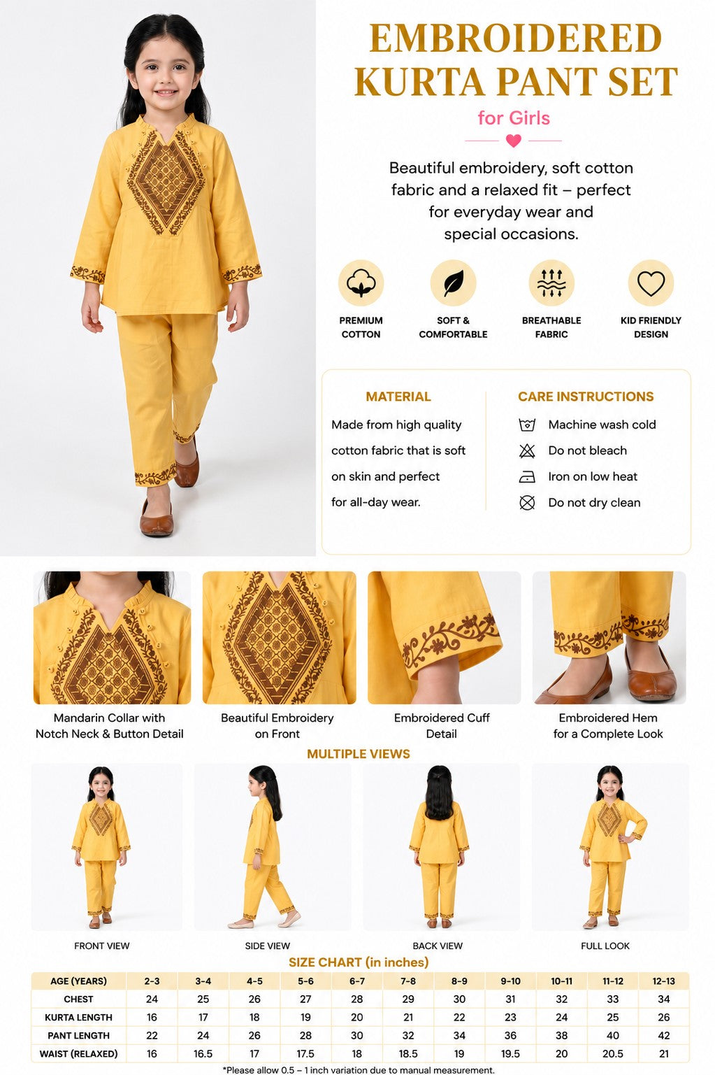Bella Moda Girls Embroidered Kurta with Straight Pants Ethnic Co-Ord Set- JUETH800X
