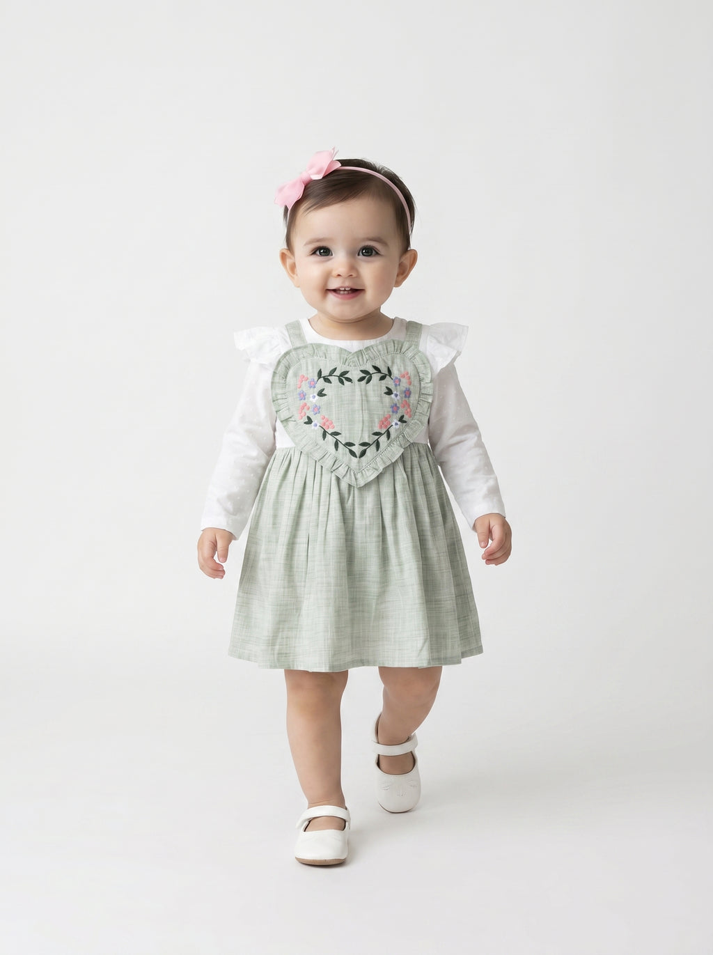 Girls Floral Embroidered Cotton Woven  Dress with Full Sleeves  Green- MADR595L