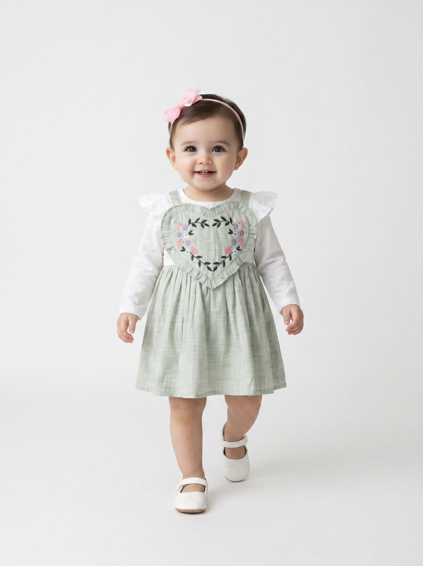 Girls Floral Embroidered Cotton Woven  Dress with Full Sleeves  Green- MADR595L