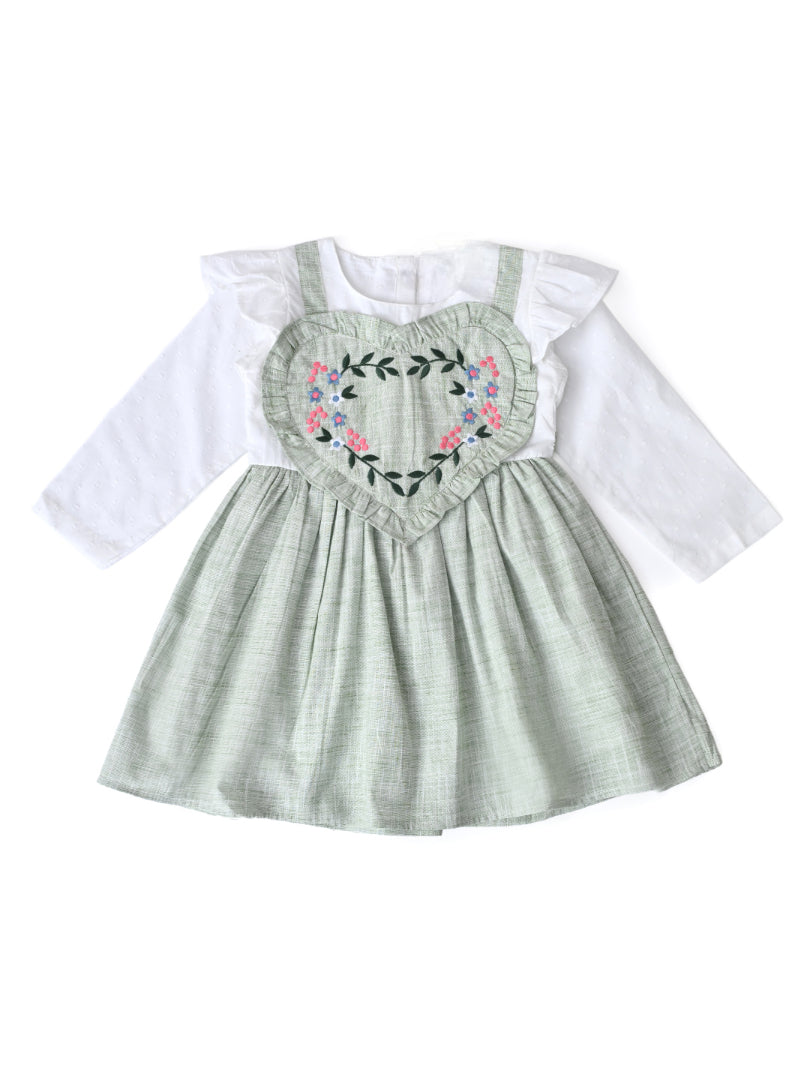 Girls Floral Embroidered Cotton Woven  Dress with Full Sleeves  Green- MADR595L