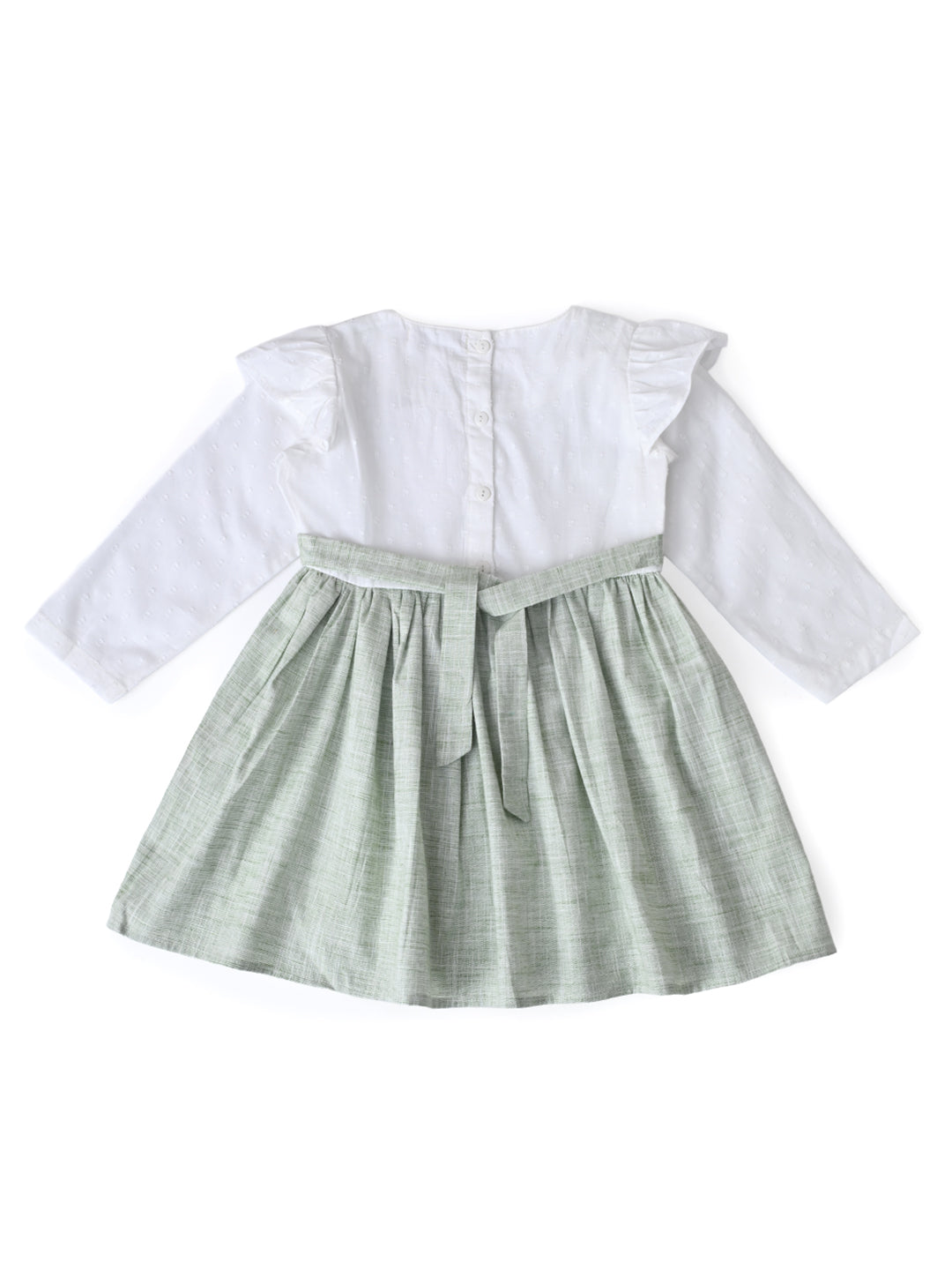 Girls Floral Embroidered Cotton Woven  Dress with Full Sleeves  Green- MADR595L
