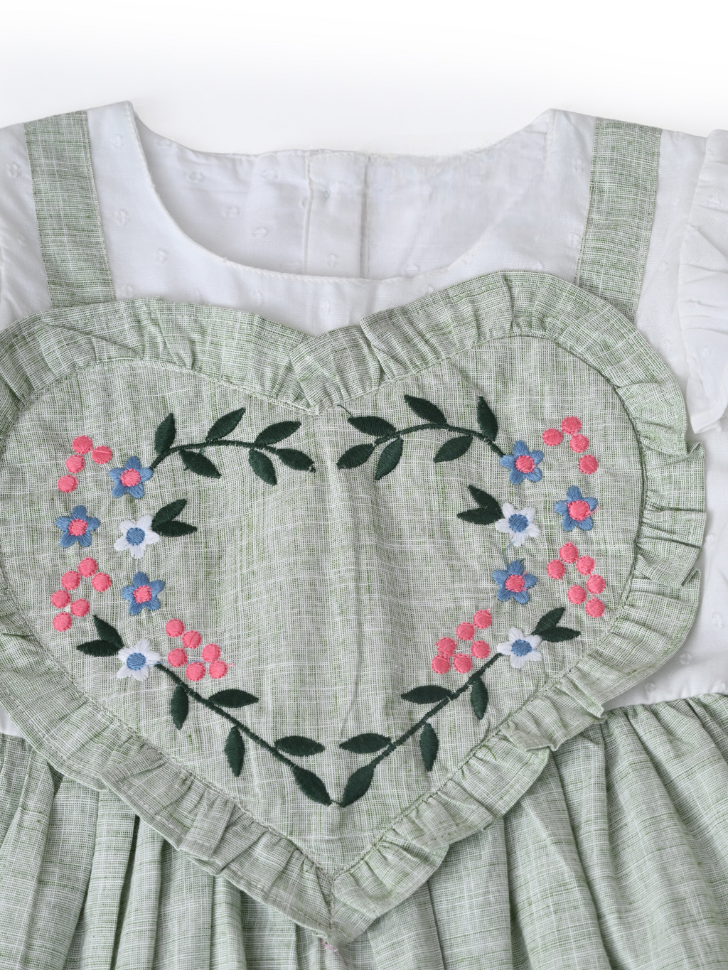 Girls Floral Embroidered Cotton Woven  Dress with Full Sleeves  Green- MADR595L