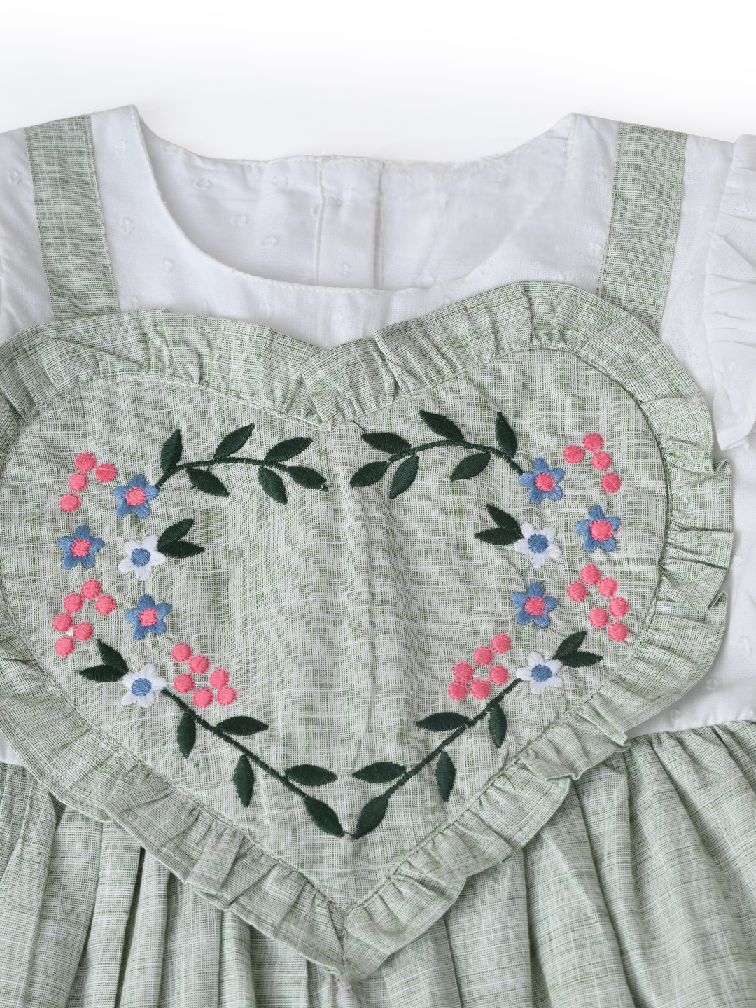 Girls Floral Embroidered Cotton Woven  Dress with Full Sleeves  Green- MADR595L