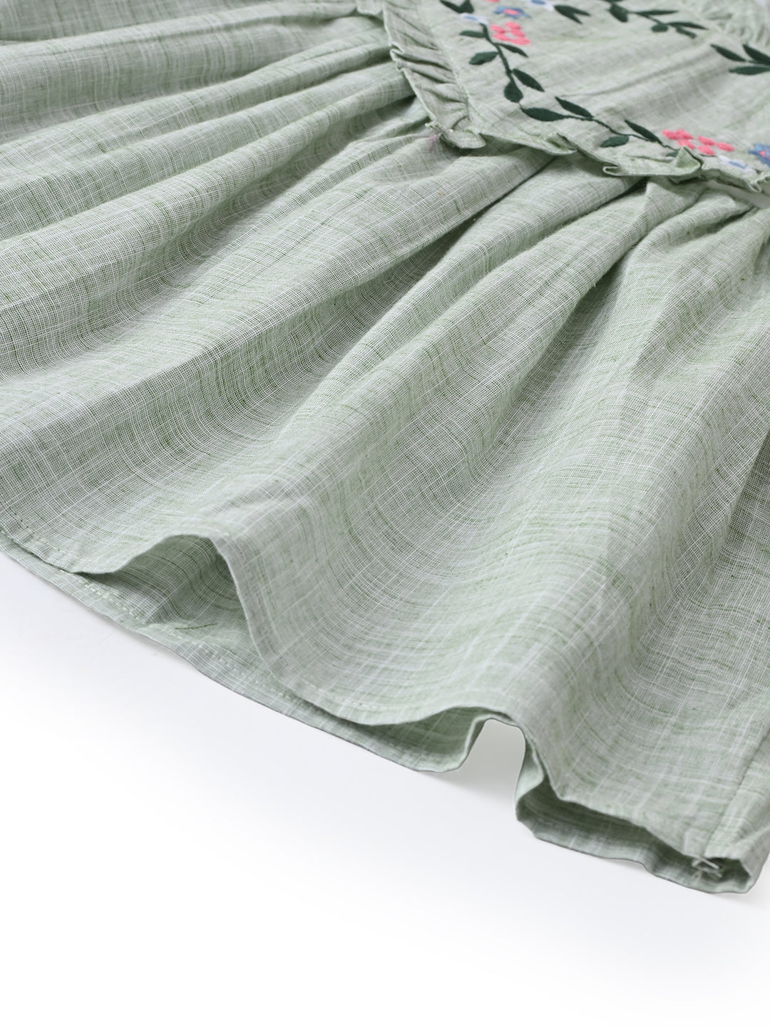 Girls Floral Embroidered Cotton Woven  Dress with Full Sleeves  Green- MADR595L