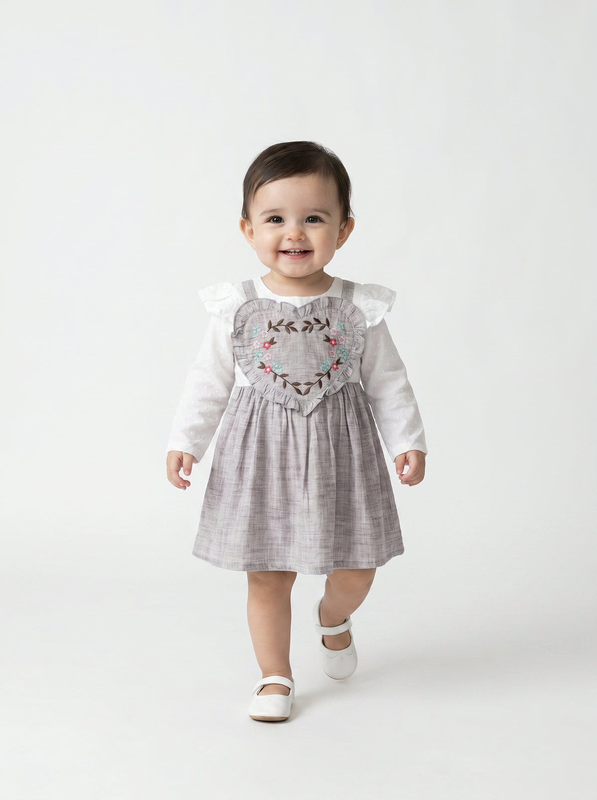 Girls Floral Embroidered Cotton Woven  Dress with Full Sleeves  Brown- MADR596L