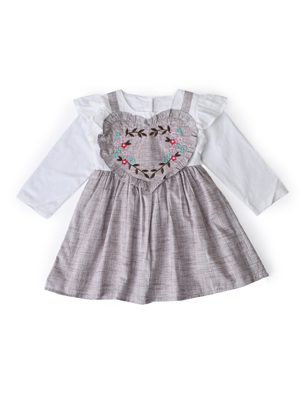 Girls Floral Embroidered Cotton Woven  Dress with Full Sleeves  Brown- MADR596L