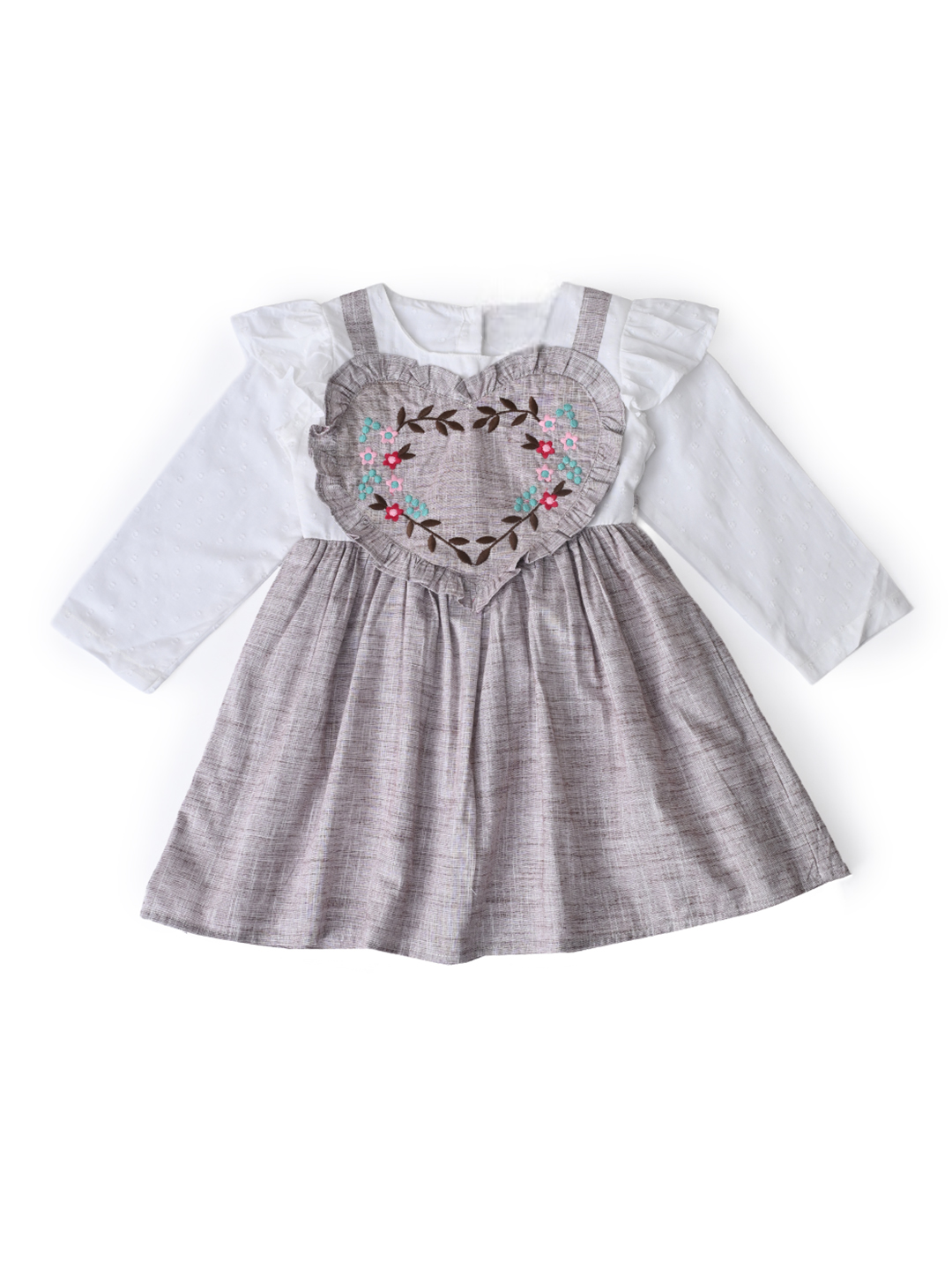 Girls Floral Embroidered Cotton Woven  Dress with Full Sleeves  Brown- MADR596L