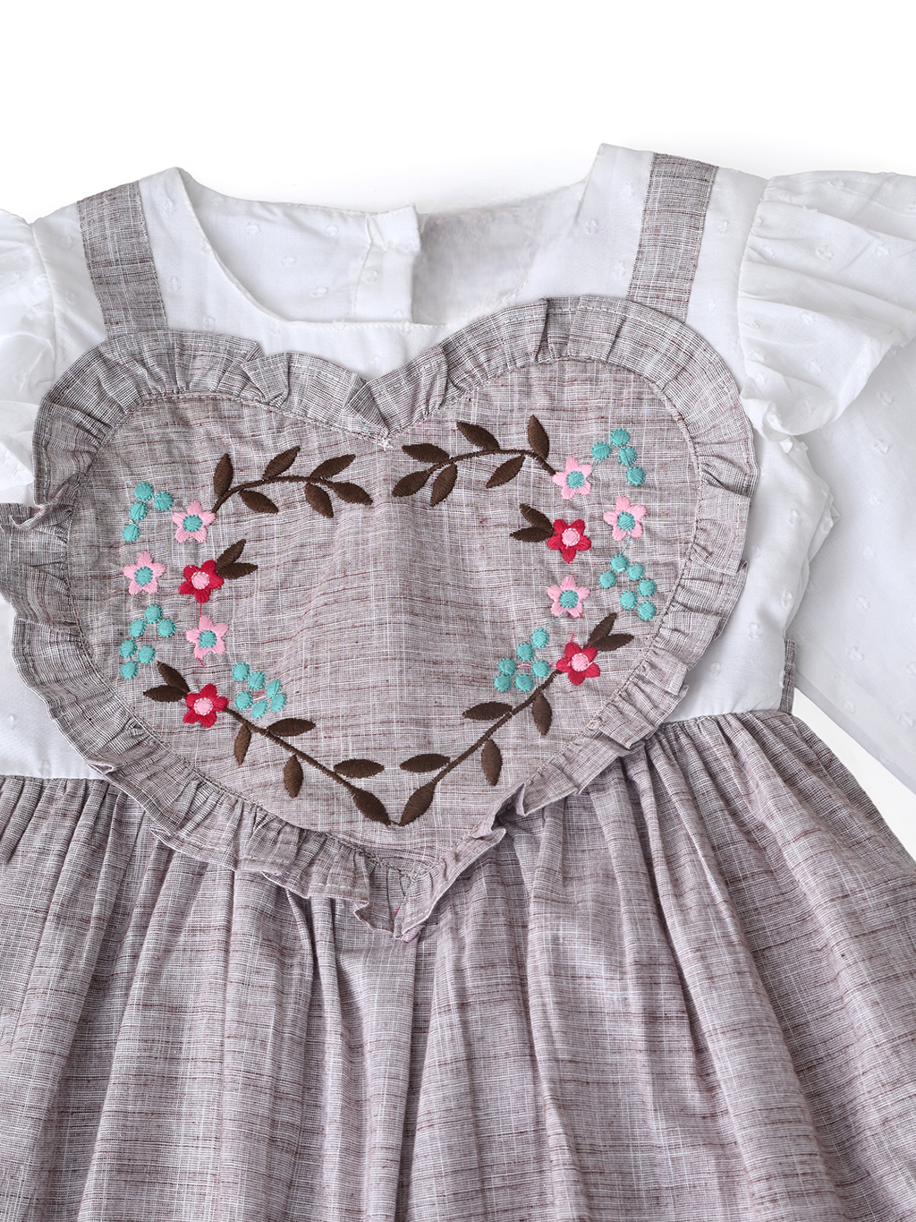 Girls Floral Embroidered Cotton Woven  Dress with Full Sleeves  Brown- MADR596L