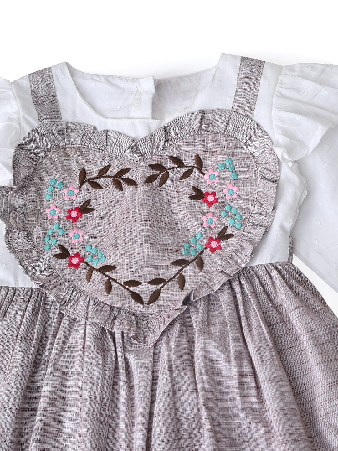 Girls Floral Embroidered Cotton Woven  Dress with Full Sleeves  Brown- MADR596L