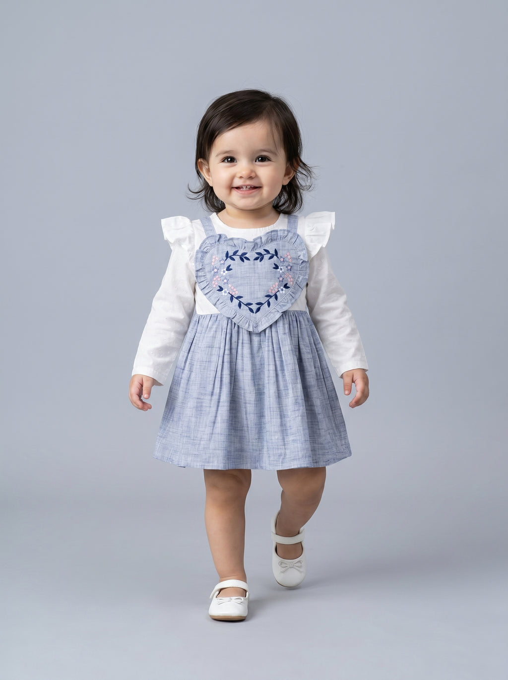 Girls Floral Embroidered Cotton Woven  Dress with Full Sleeves  Blue- MADR597L