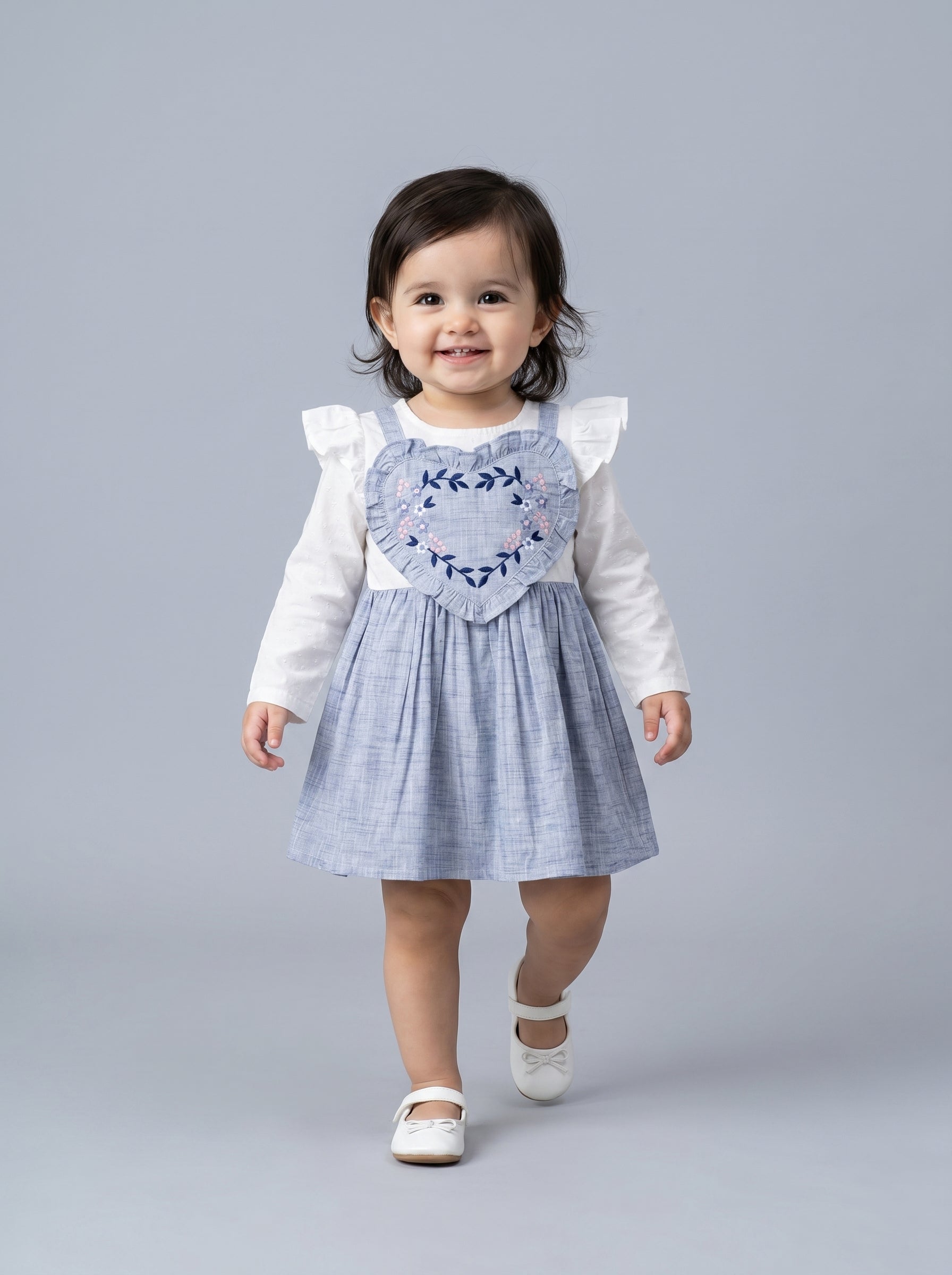 Girls Floral Embroidered Cotton Woven  Dress with Full Sleeves  Blue- MADR597L