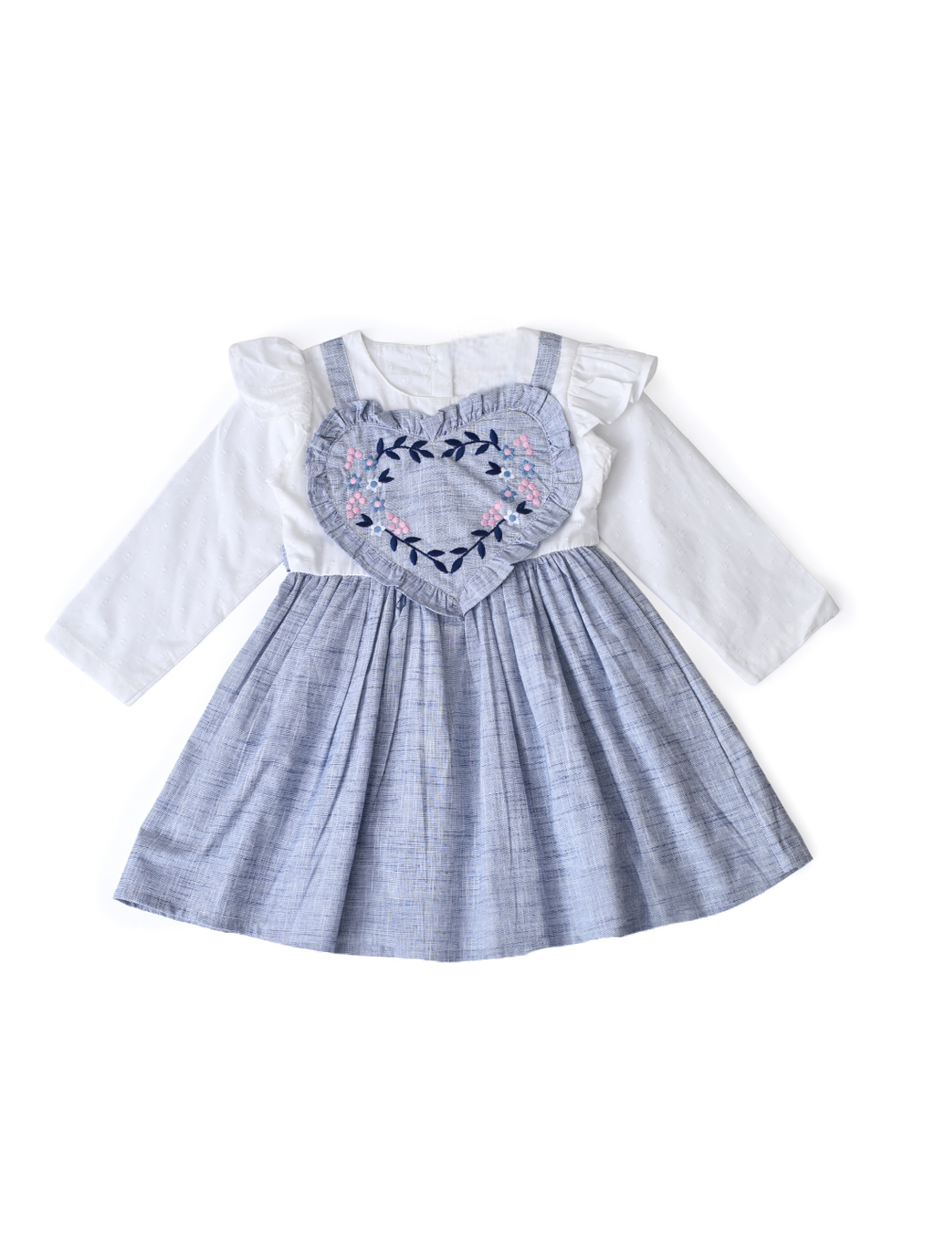 Girls Floral Embroidered Cotton Woven  Dress with Full Sleeves  Blue- MADR597L