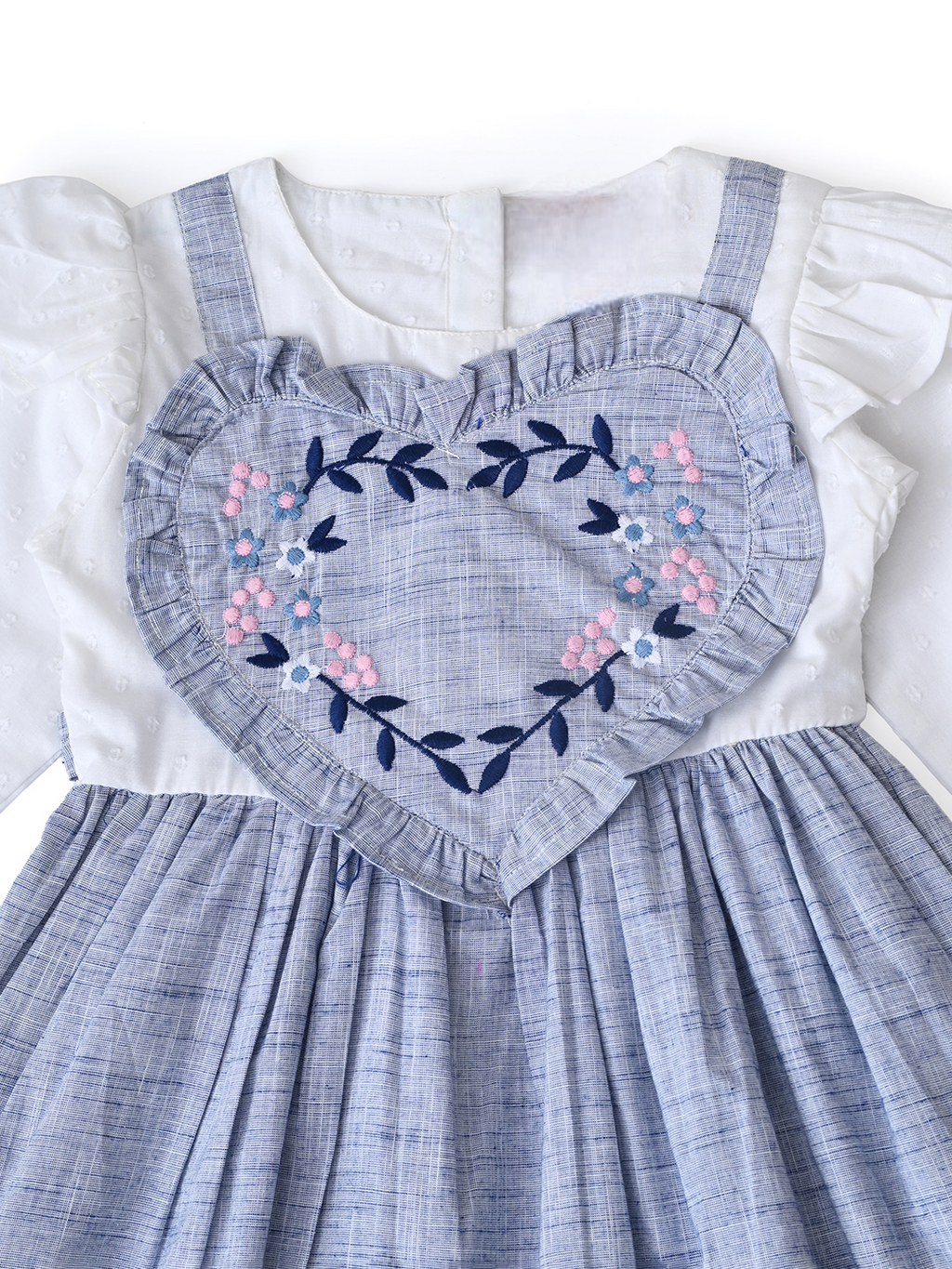 Girls Floral Embroidered Cotton Woven  Dress with Full Sleeves  Blue- MADR597L