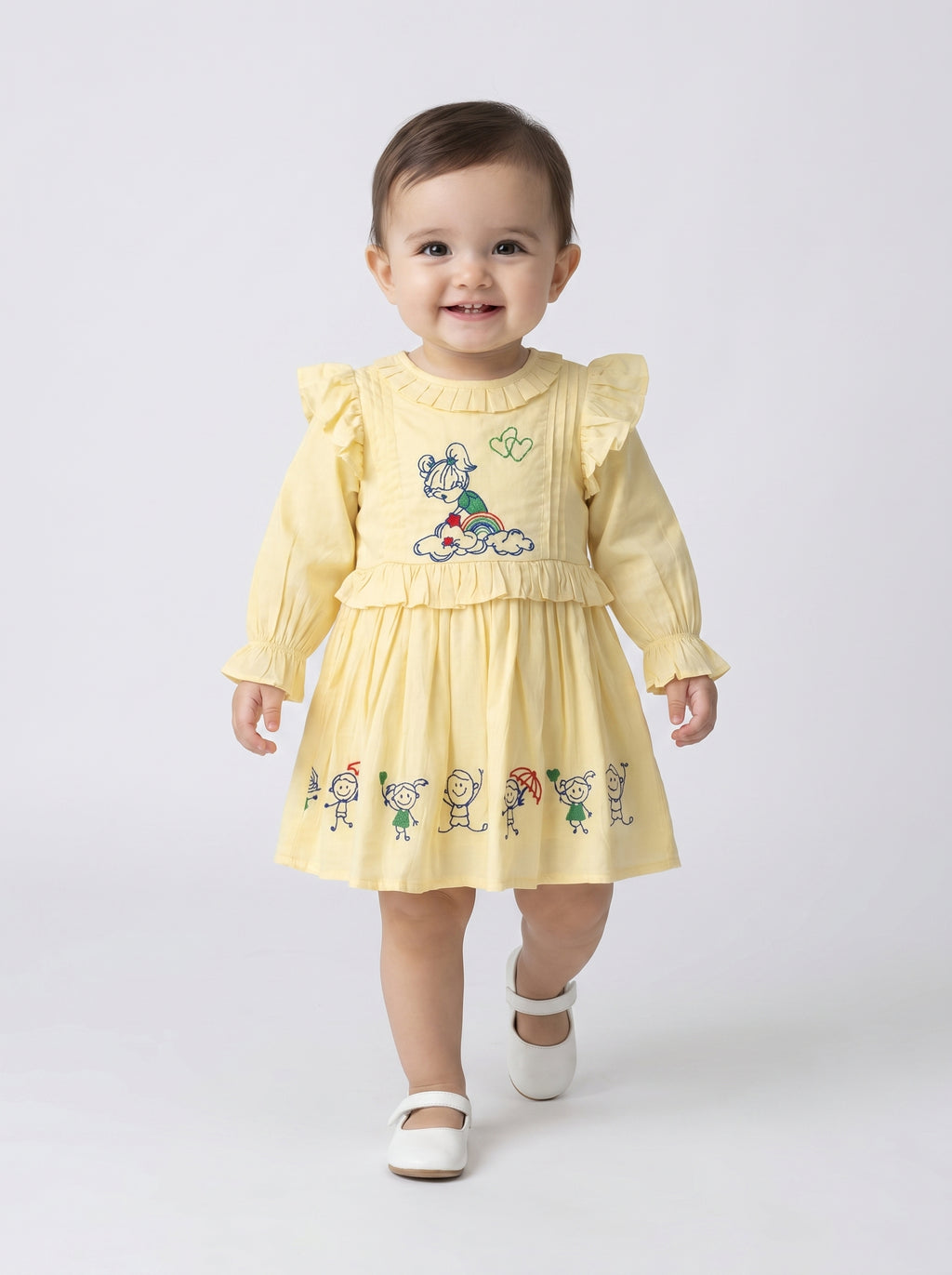 Baby Girls Embroidered Cotton Dress with Full Sleeves & Floral Print - Light Yellow- MADR599L