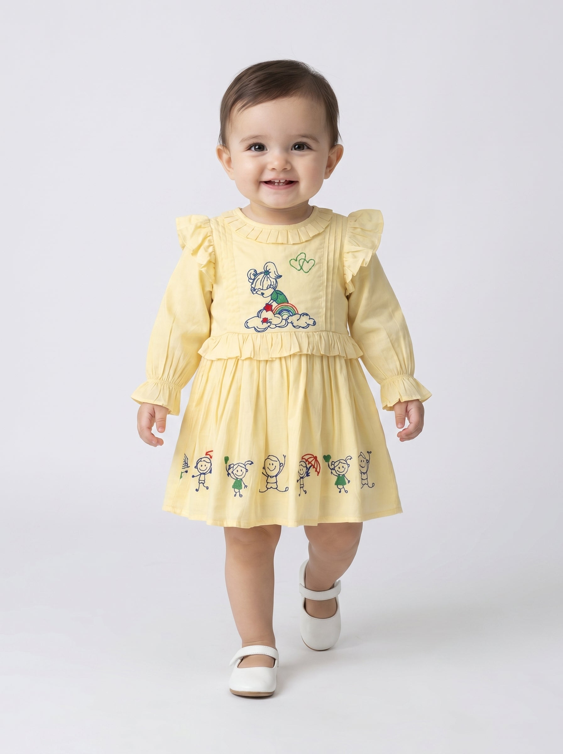 Baby Girls Embroidered Cotton Dress with Full Sleeves & Floral Print - Light Yellow- MADR599L