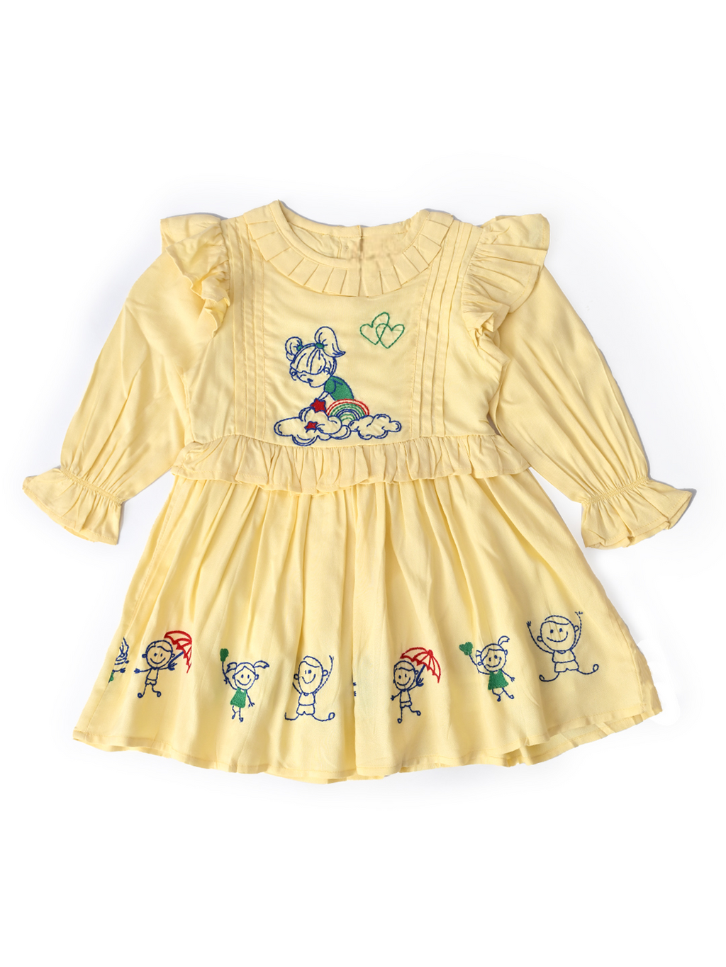 Baby Girls Embroidered Cotton Dress with Full Sleeves & Floral Print - Light Yellow- MADR599L