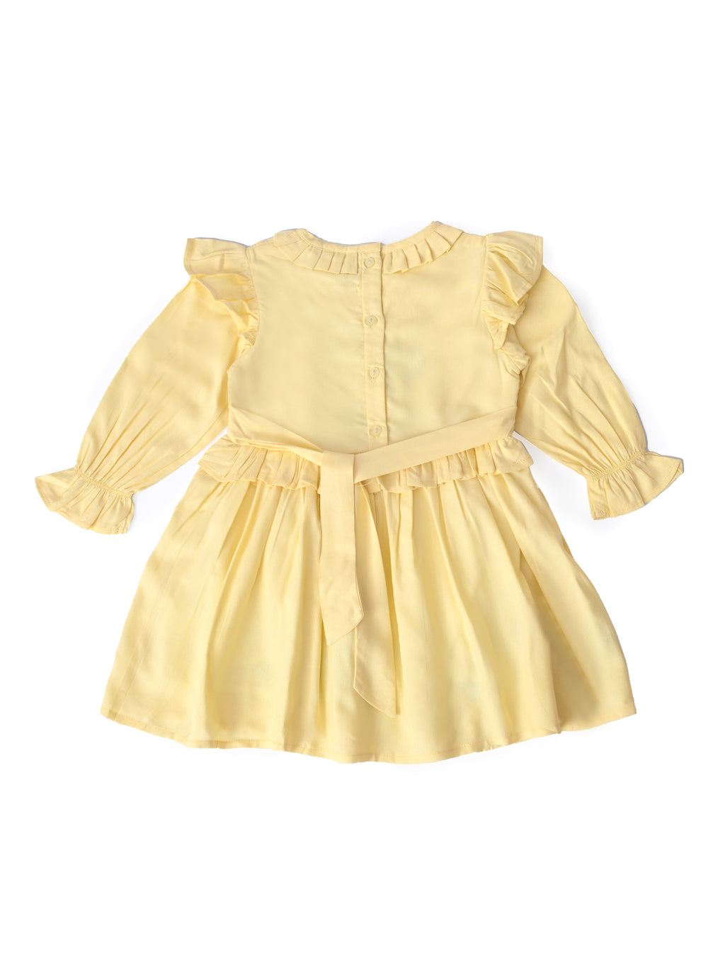 Baby Girls Embroidered Cotton Dress with Full Sleeves & Floral Print - Light Yellow- MADR599L