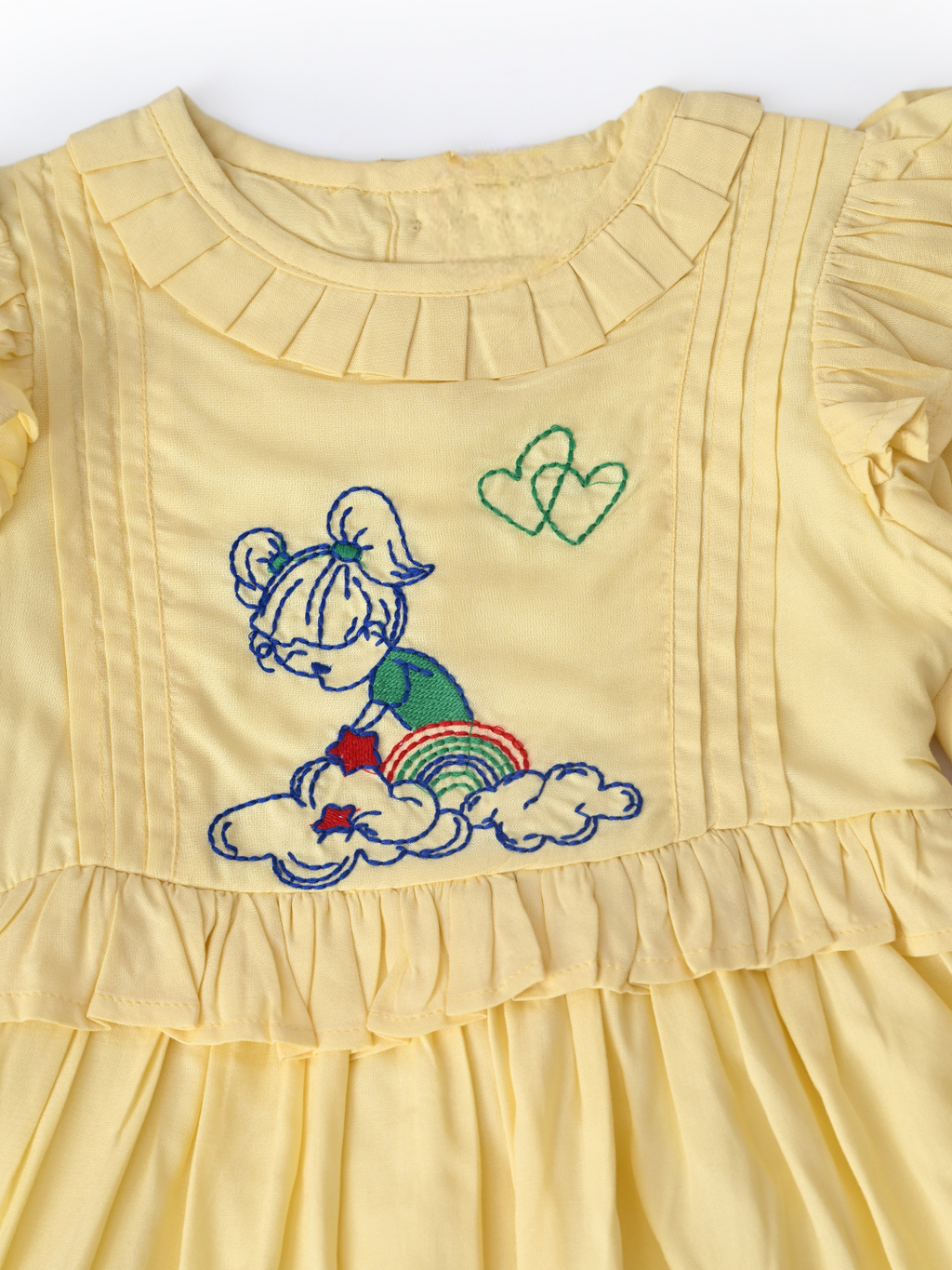 Baby Girls Embroidered Cotton Dress with Full Sleeves & Floral Print - Light Yellow- MADR599L
