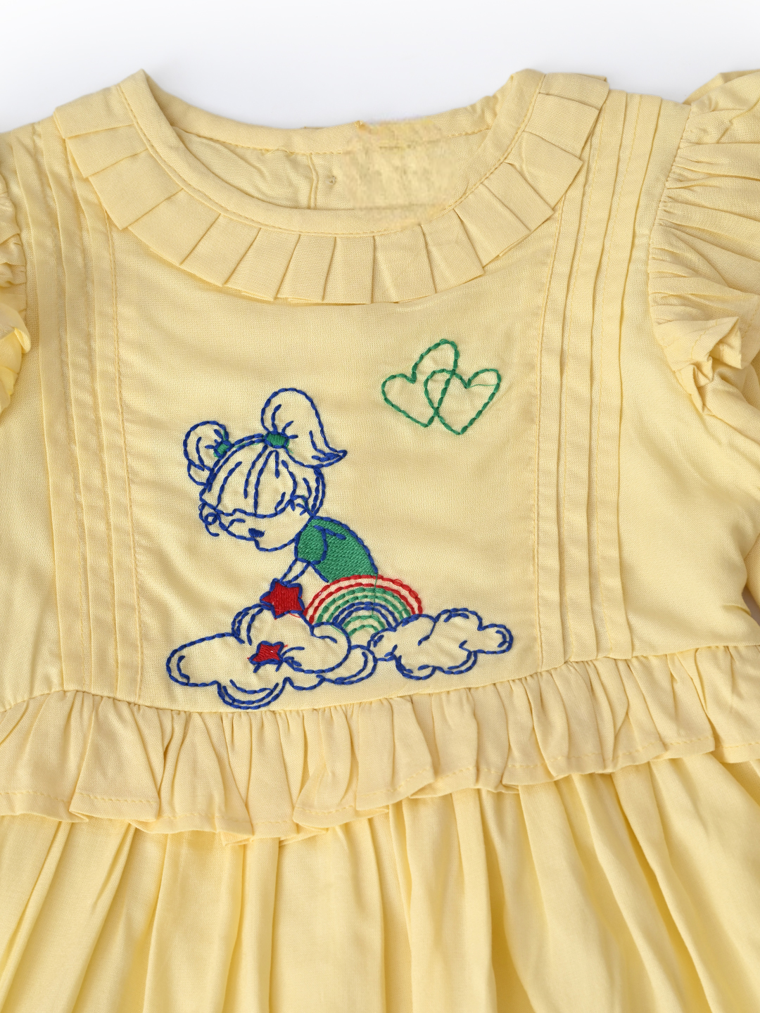 Baby Girls Embroidered Cotton Dress with Full Sleeves & Floral Print - Light Yellow- MADR599L