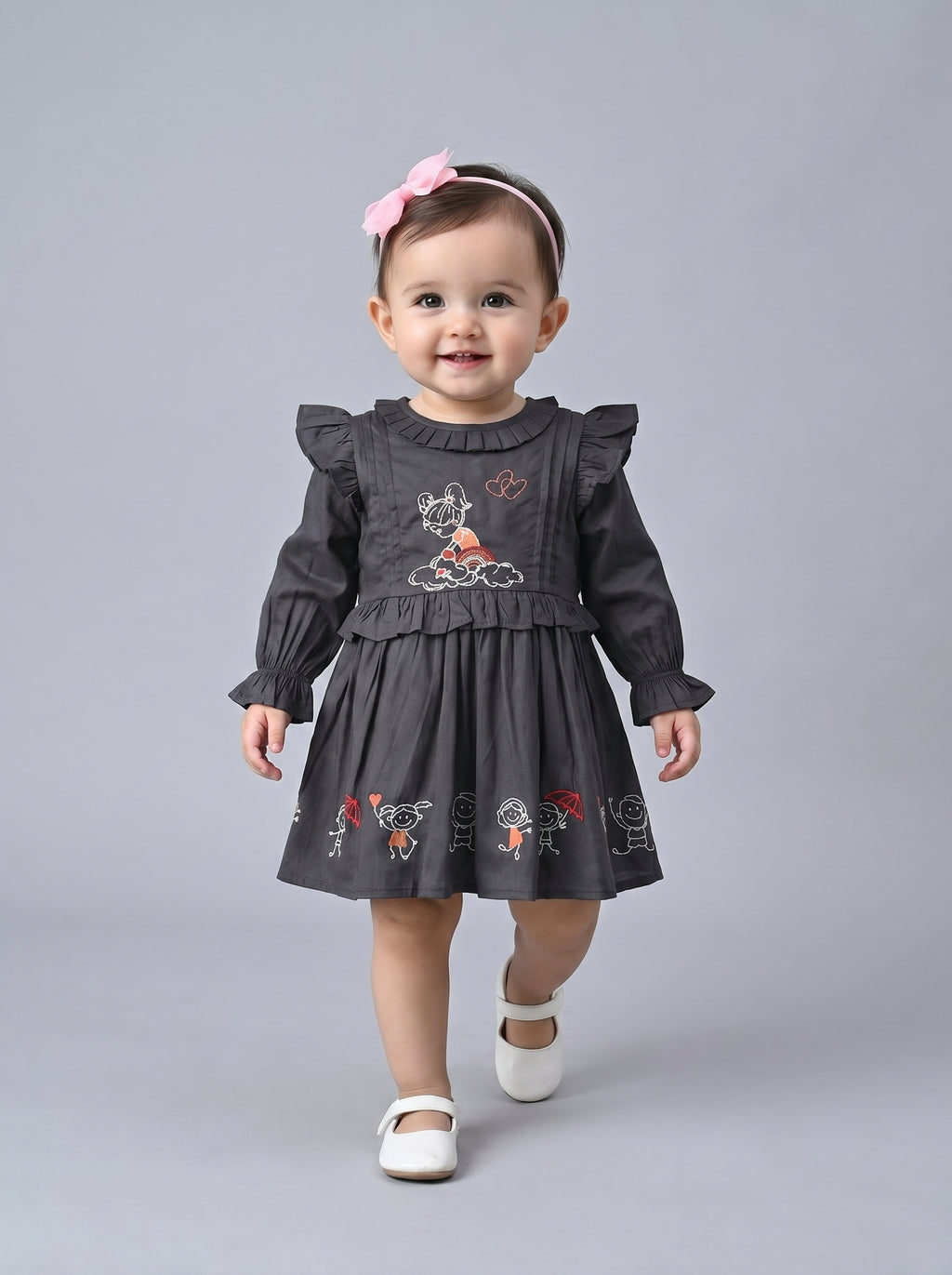 Baby Girls Embroidered Cotton Dress with Full Sleeves & Floral Print - Grey- MADR600L