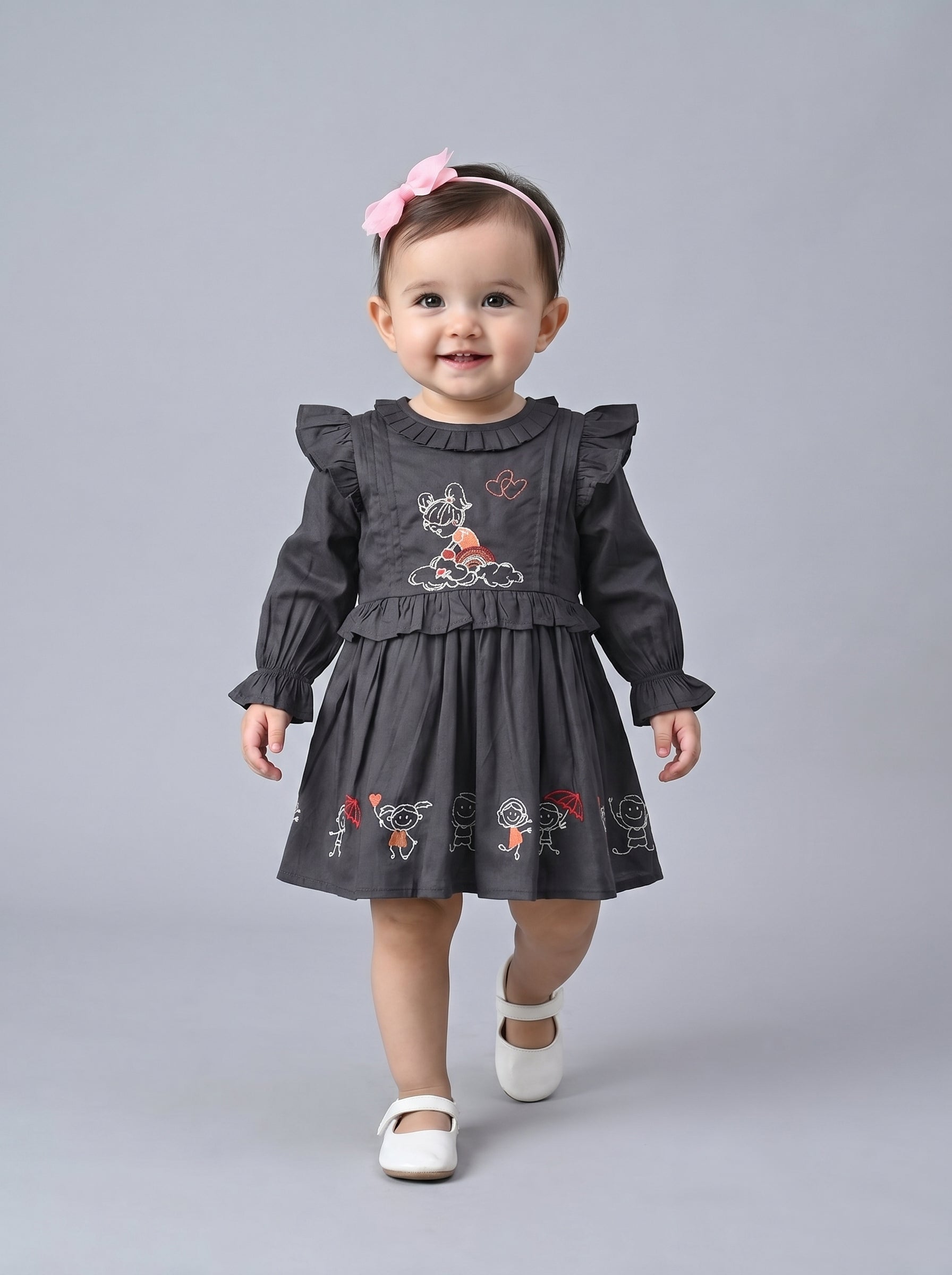 Baby Girls Embroidered Cotton Dress with Full Sleeves & Floral Print - Grey- MADR600L
