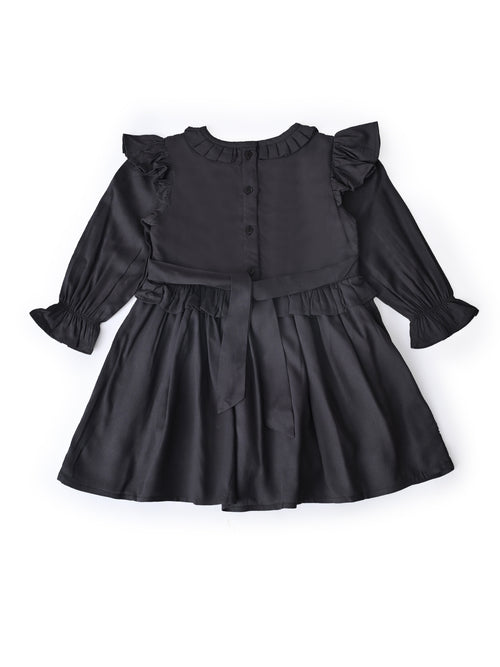 Baby Girls Embroidered Cotton Dress with Full Sleeves & Floral Print - Grey- MADR600L